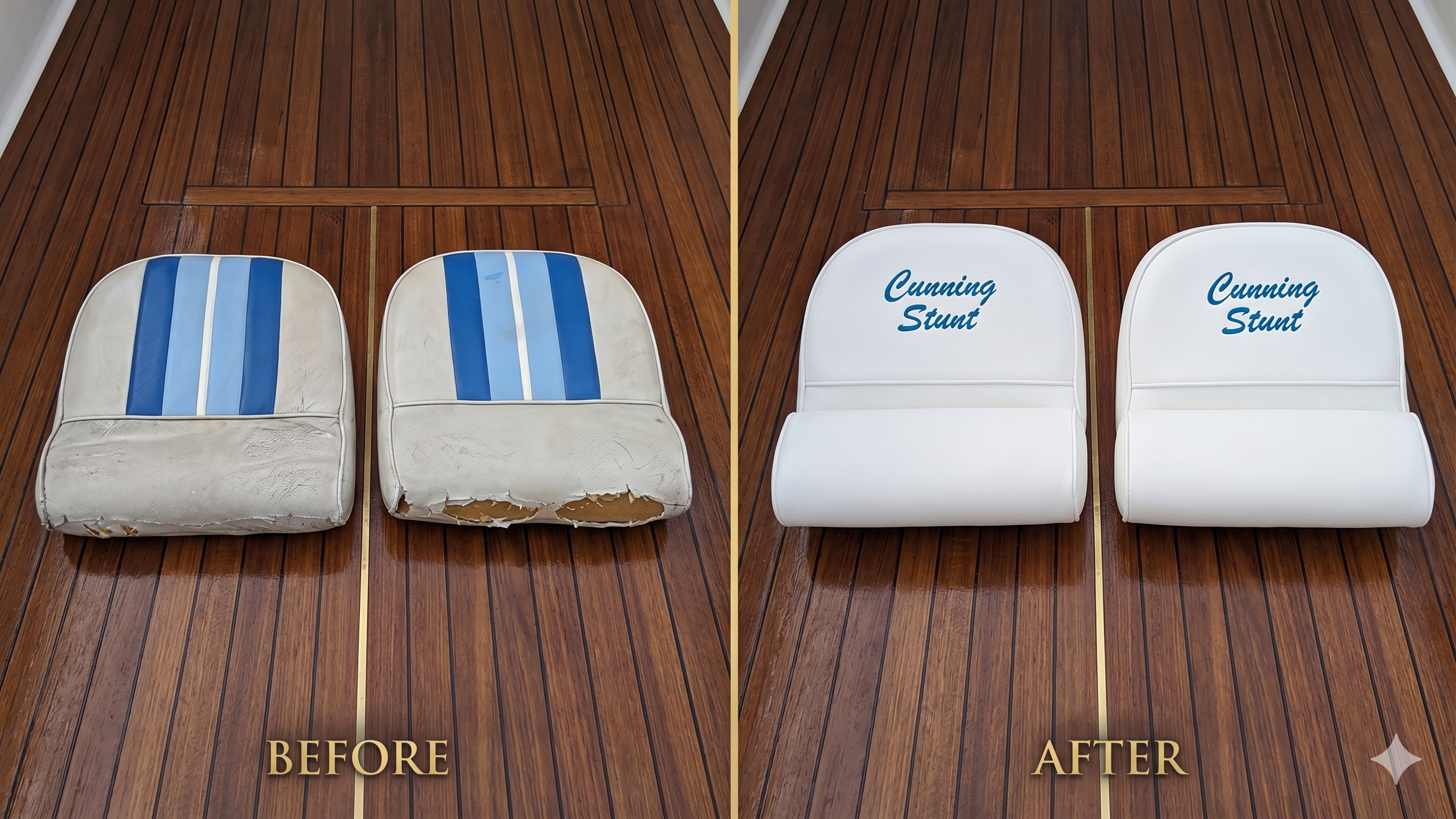 Before and after marine upholstery restoration by Visions Customs. Torn boat seats fully retrimmed in smooth white vinyl featuring custom blue script embroidery.