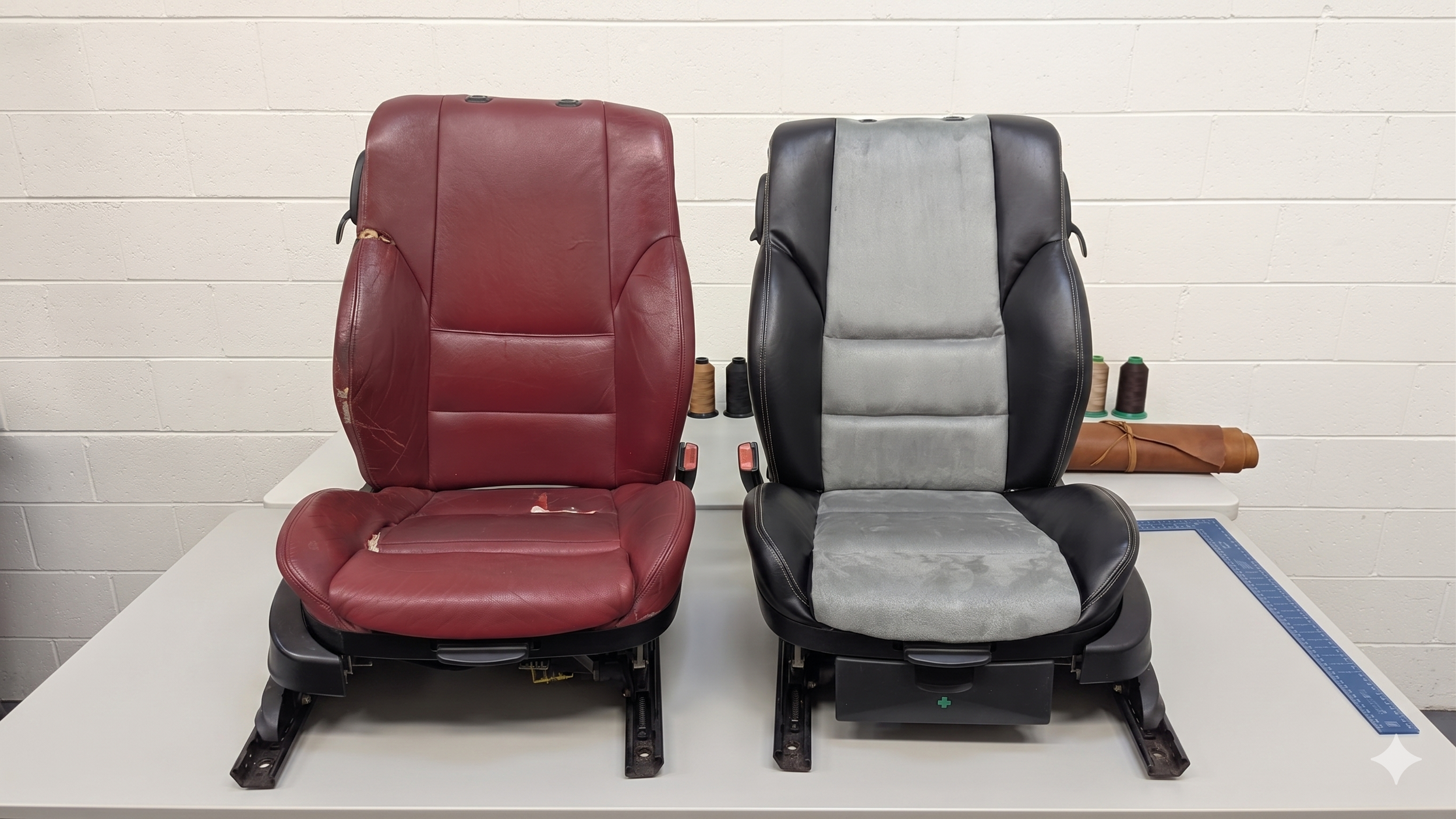 Before and after custom auto upholstery restoration by Visions Customs Castle Hill. Worn burgundy car seat fully retrimmed with black vinyl bolsters and a grey suede center insert.