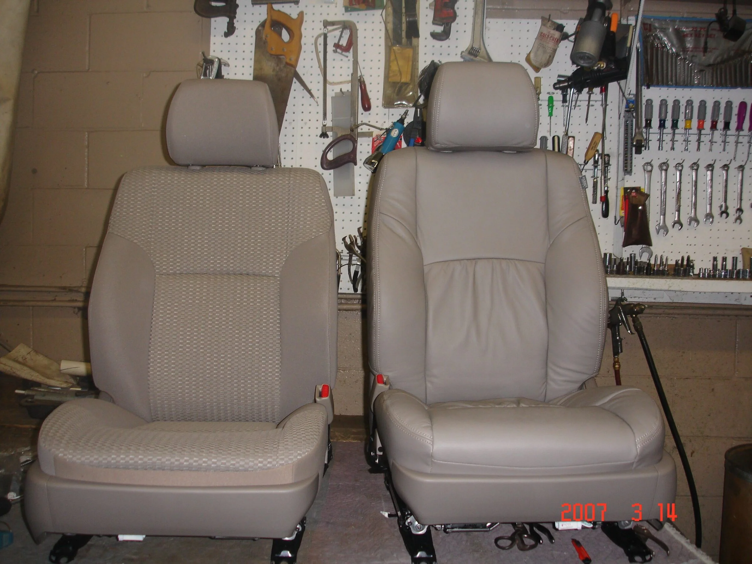 Photo showing two car seats in a garage or workshop, before and after.