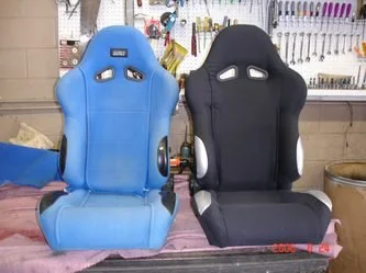 Two racing-style car seats, one blue and one black, before & after.