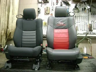 Two car seats, "after" is the black and red upholstery. Katzkin Leather Kit.