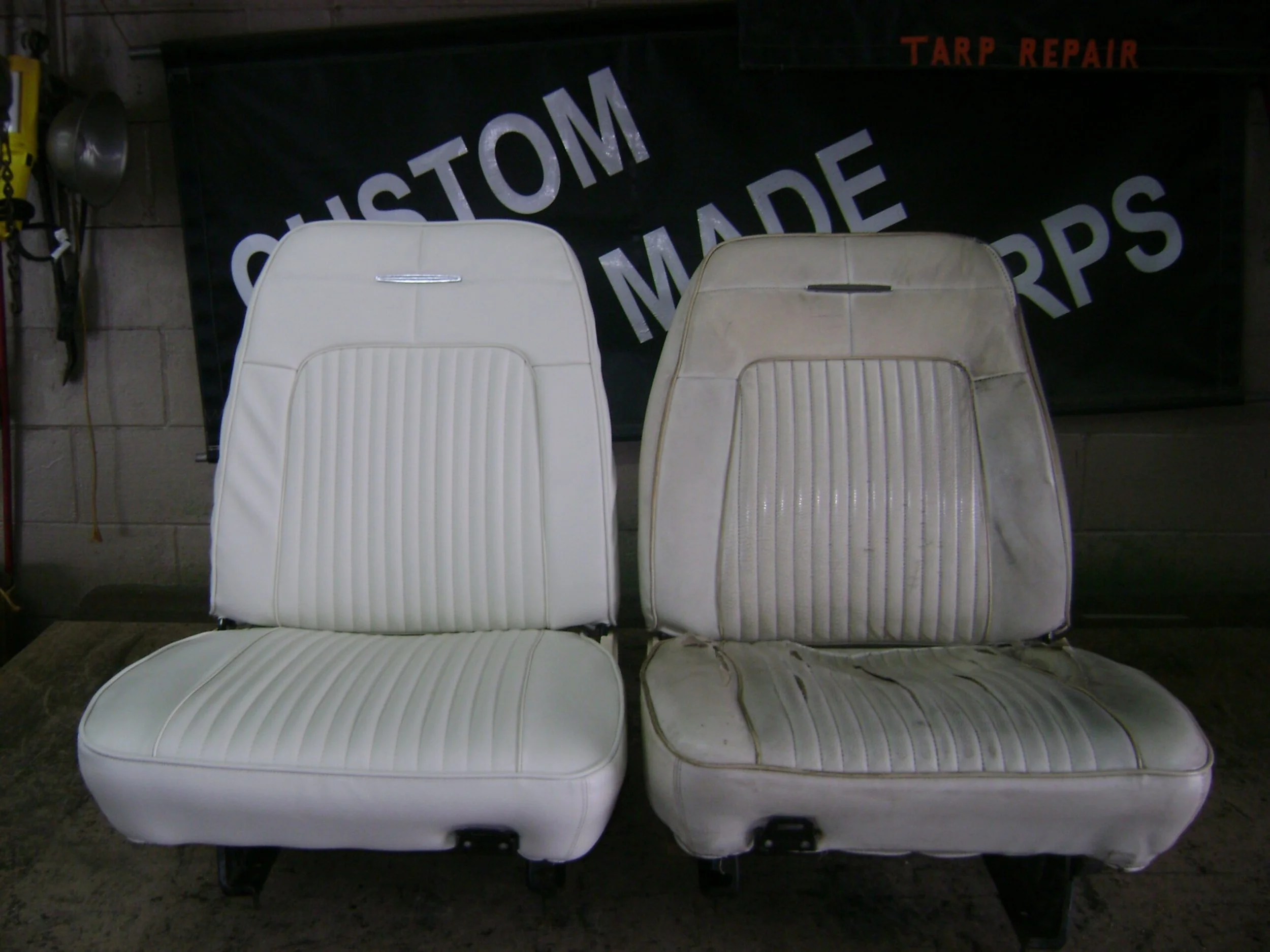 Two white car seats placed side by side, left is the "after".