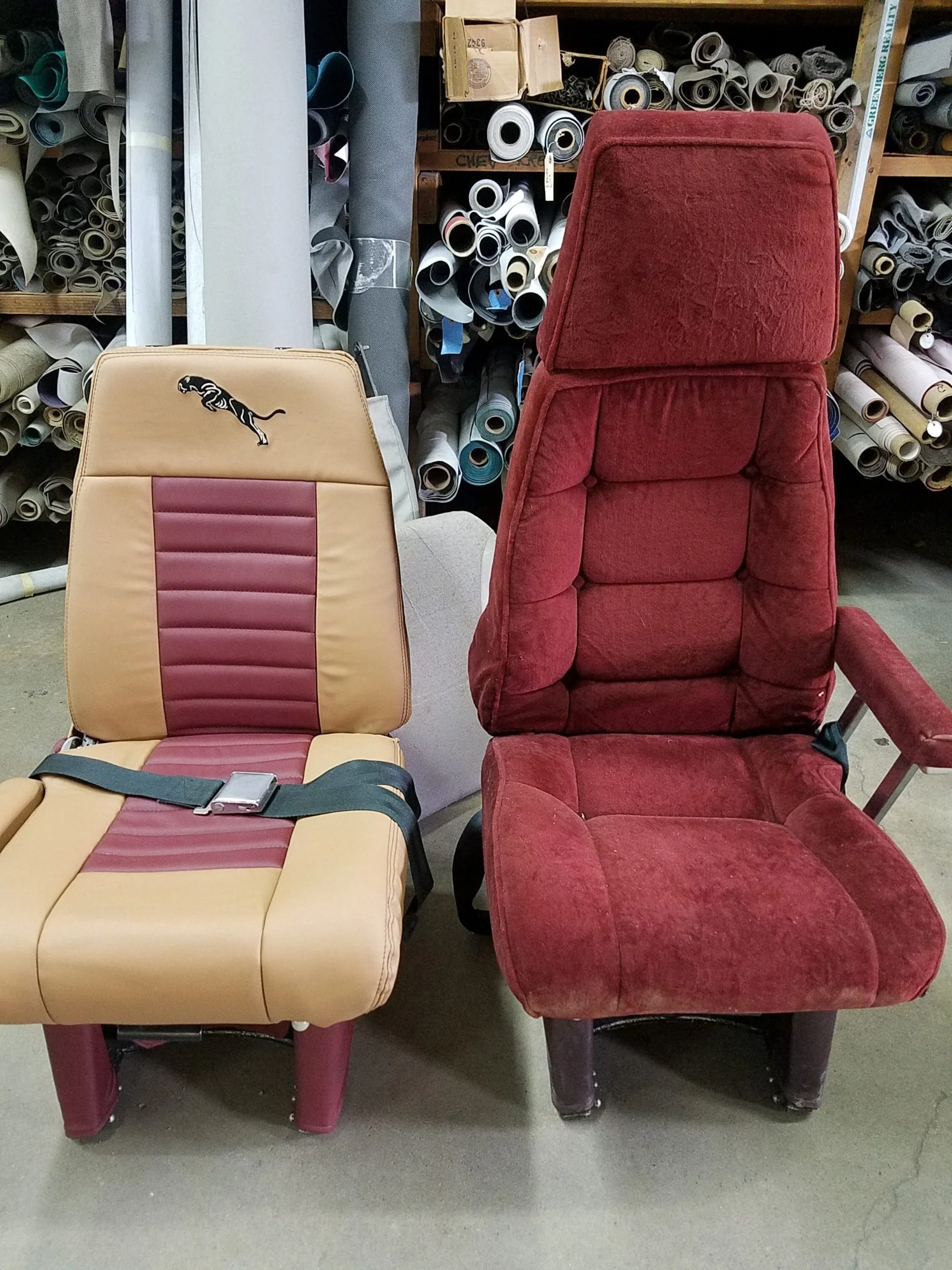 Two airplane seats, maroon is before, tan & maroon is the after picture