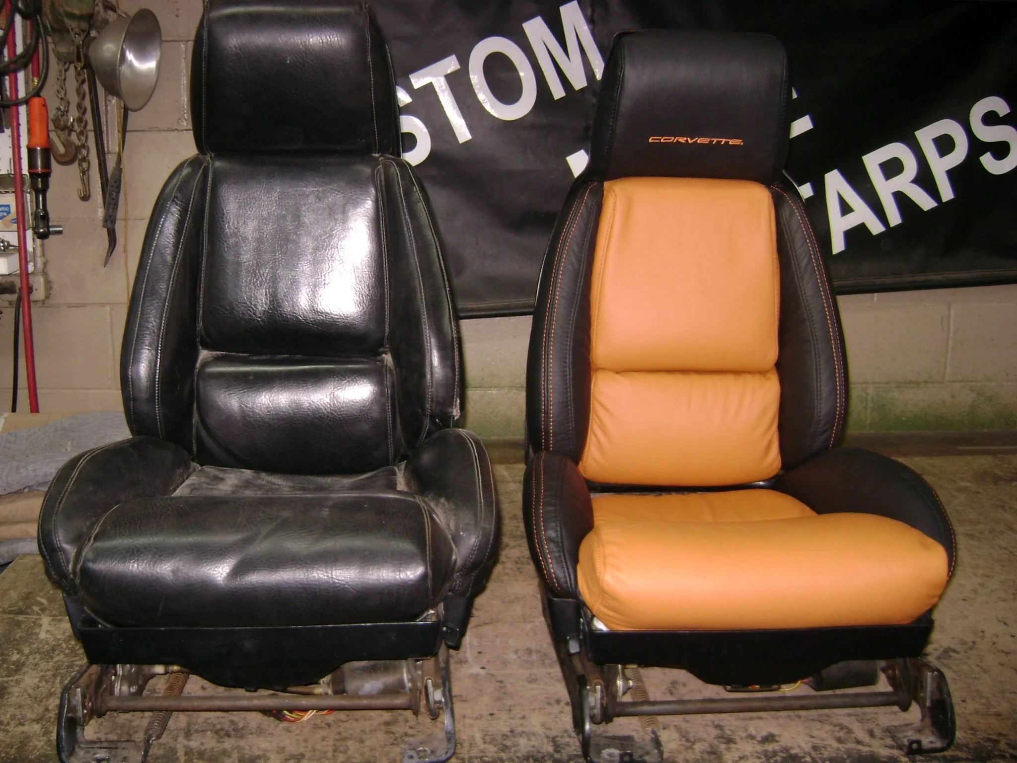 Two vintage car seats, one black and one tan inserts, Katzkin Leather Kit on the right.