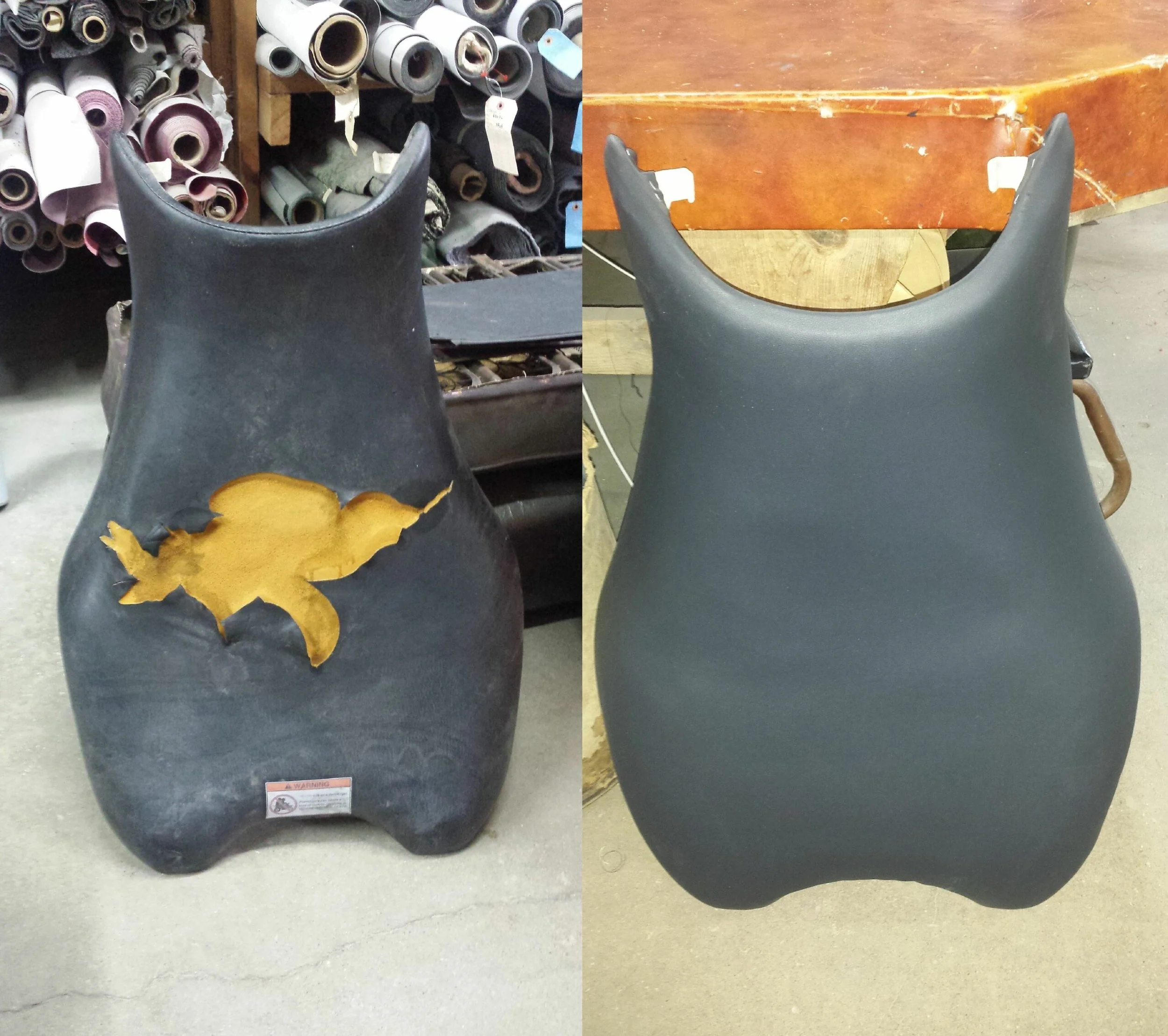Comparison of a used black ATV seat & recovered seat