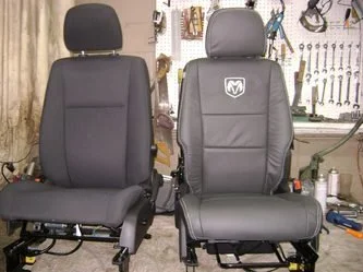 Two bucket seats, before and after with Katzkin Leather Kit.