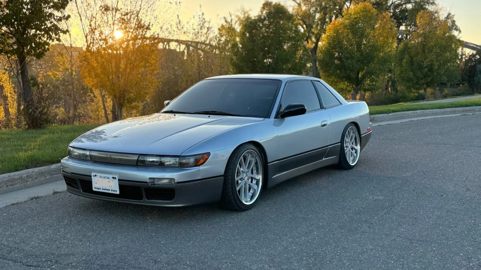 A silver two-door sports coupe parked on the side of a street during sunset, with trees and a roller coaster in the background.