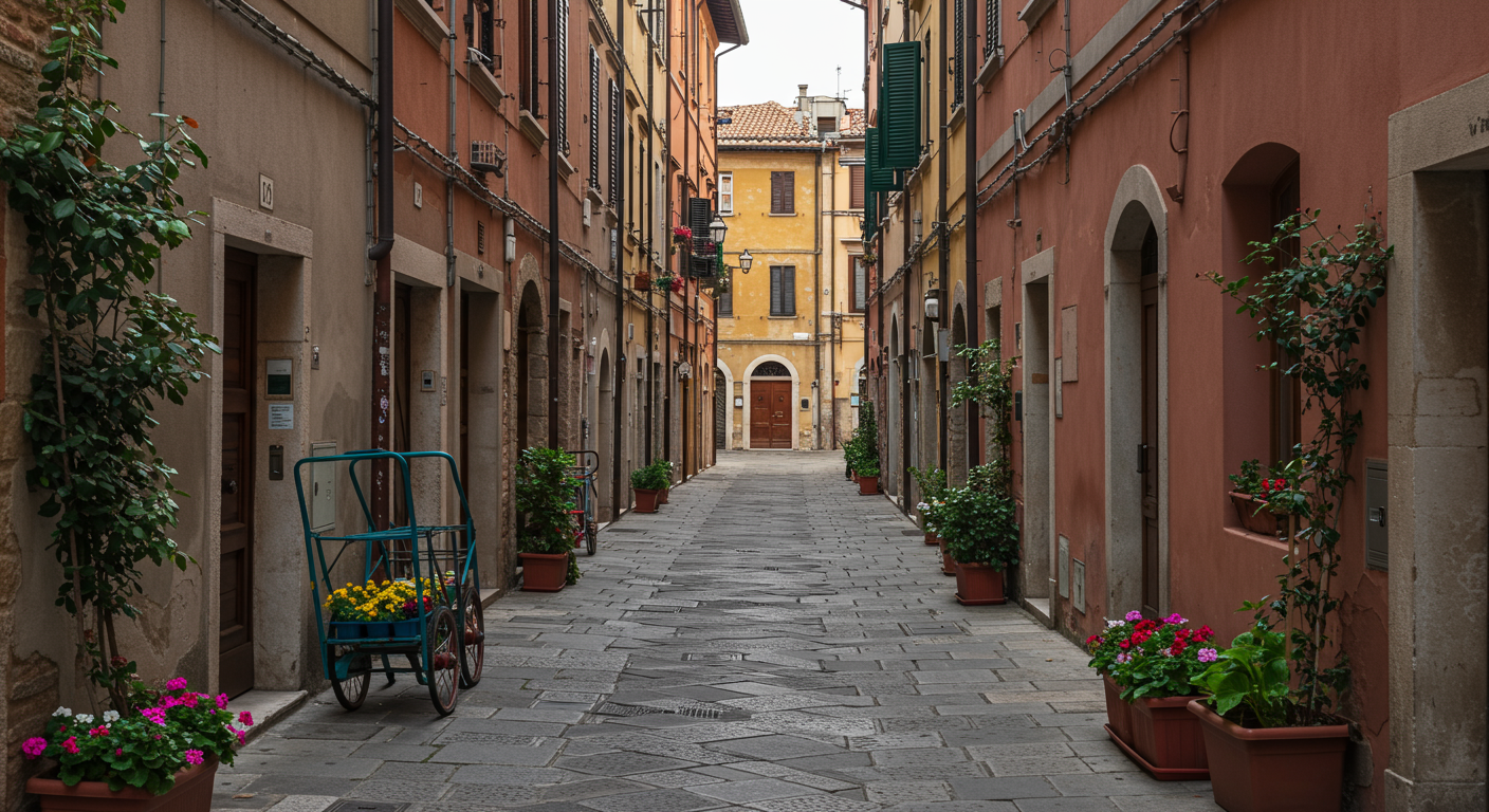 Empty narrow cobblestone street lined with colorful buildings, potted plants, and a blue cart with flowers.