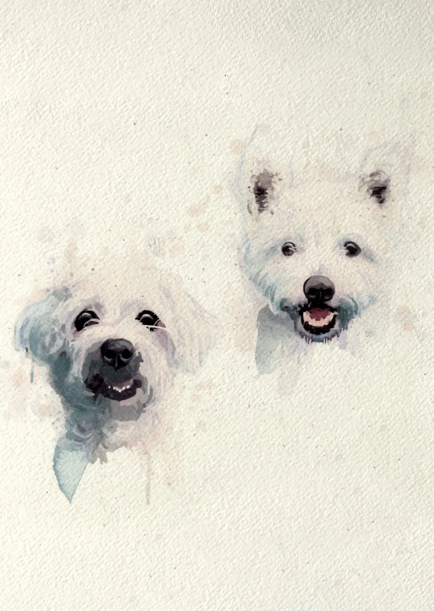 Watercolor painting of two dogs, one larger with a happy expression and one smaller, both with fluffy fur and pointed ears.