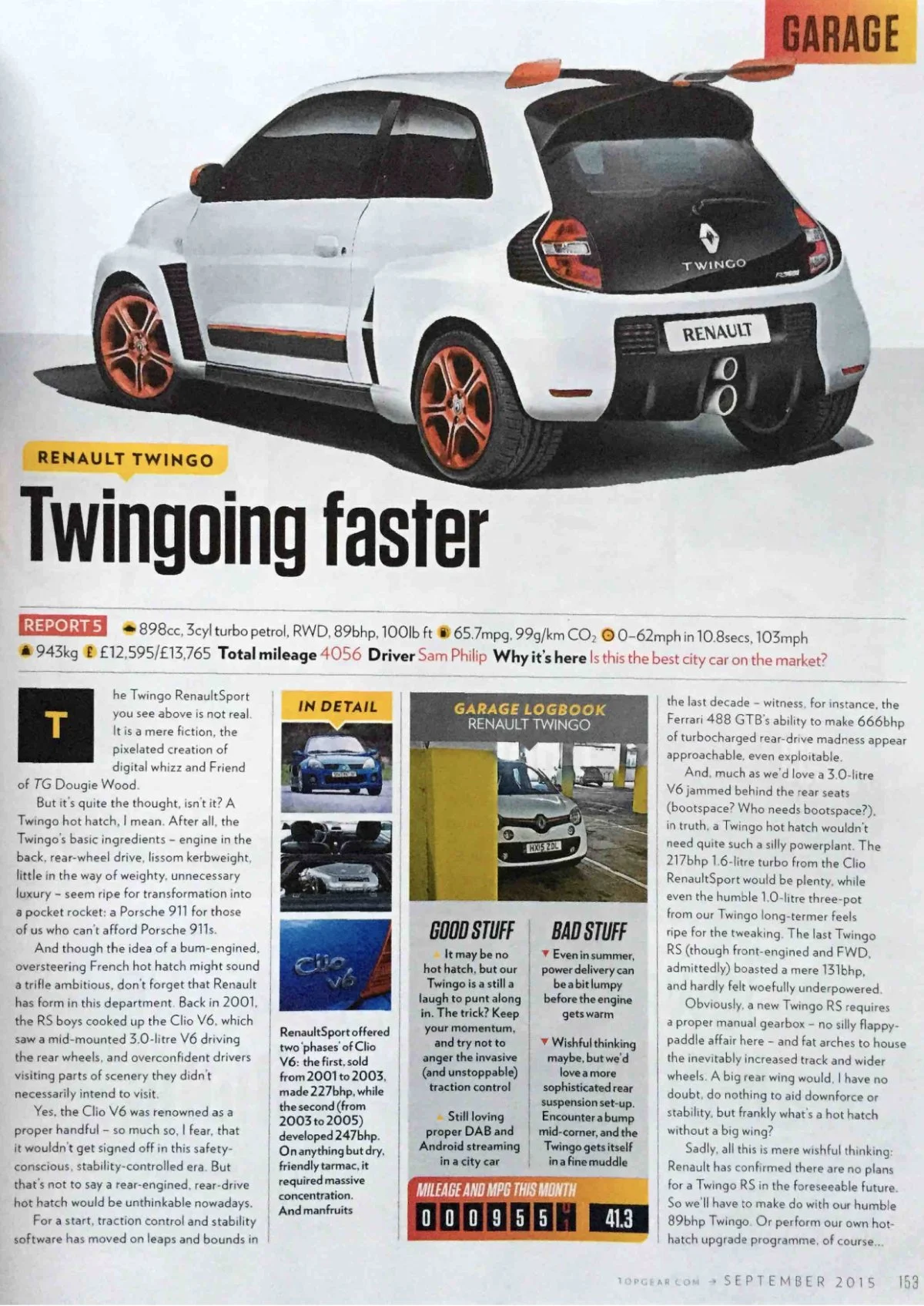 Top Gear magazine spread featuring the Renault Twingo, showing the car in the layout alongside text and design details