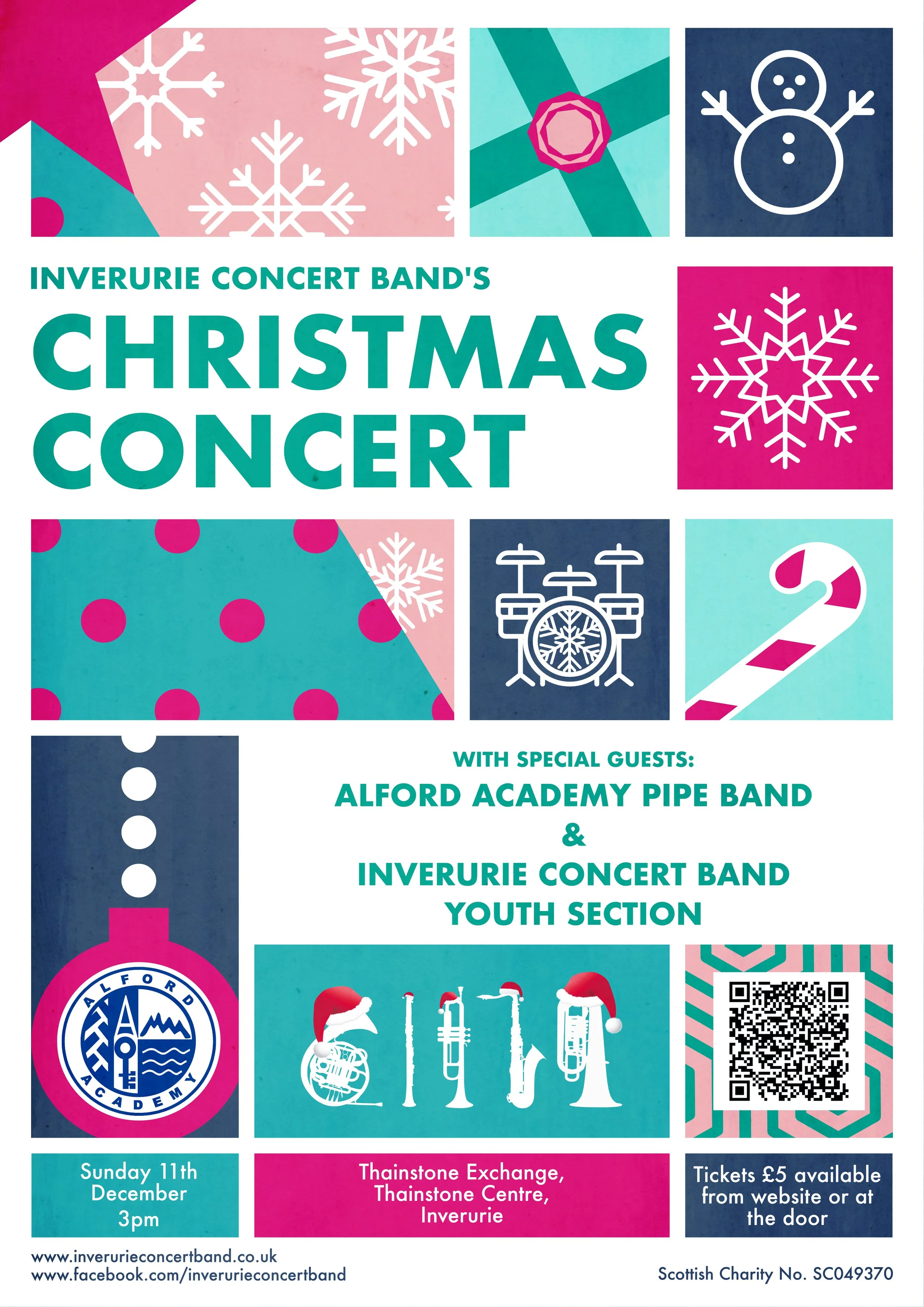 Poster for Inverurie Concert Band's Christmas concert, with festive illustrations and event details