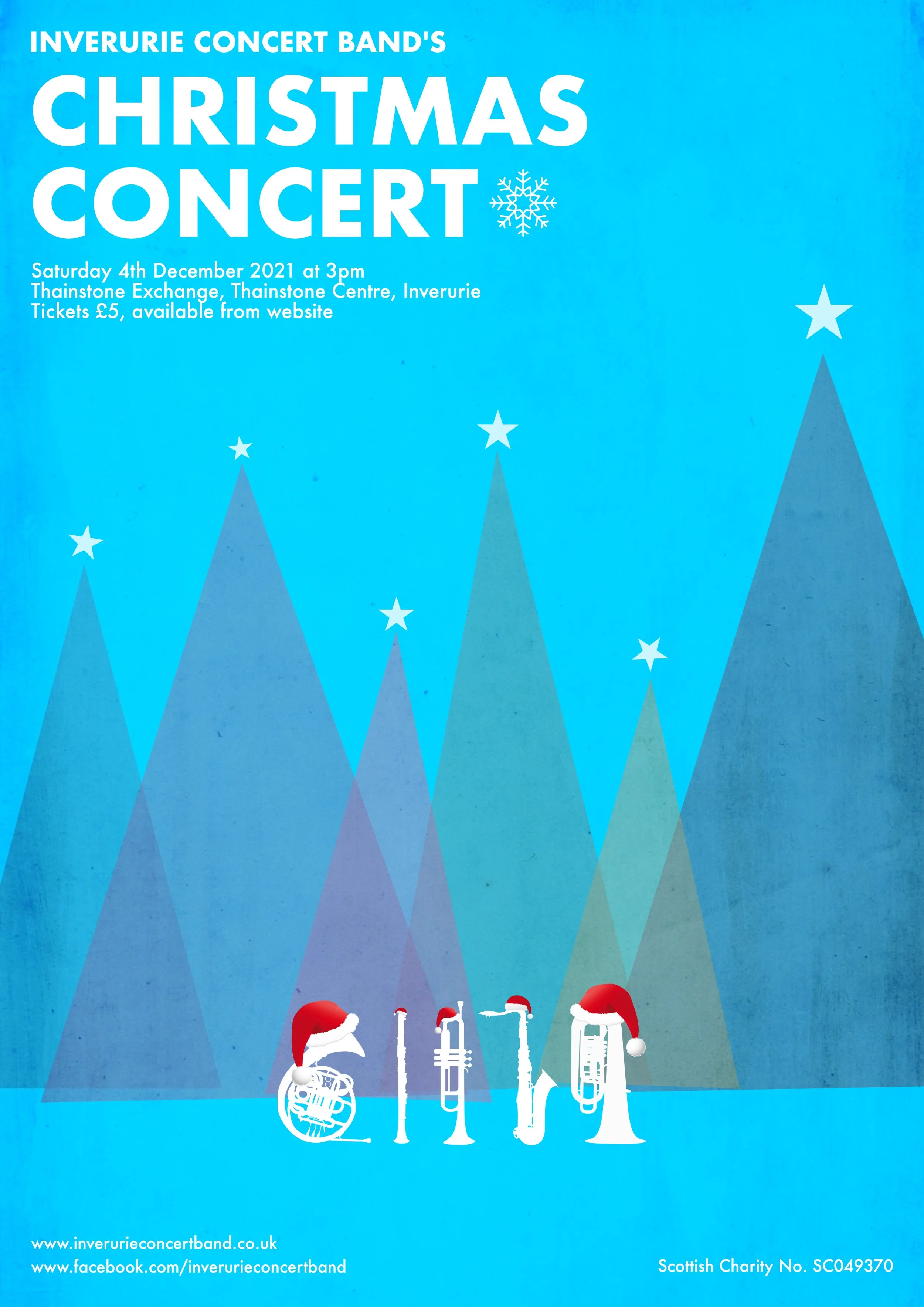Poster for Inverurie Concert Band's Christmas concert, blue background with geometric snow-covered trees and event details