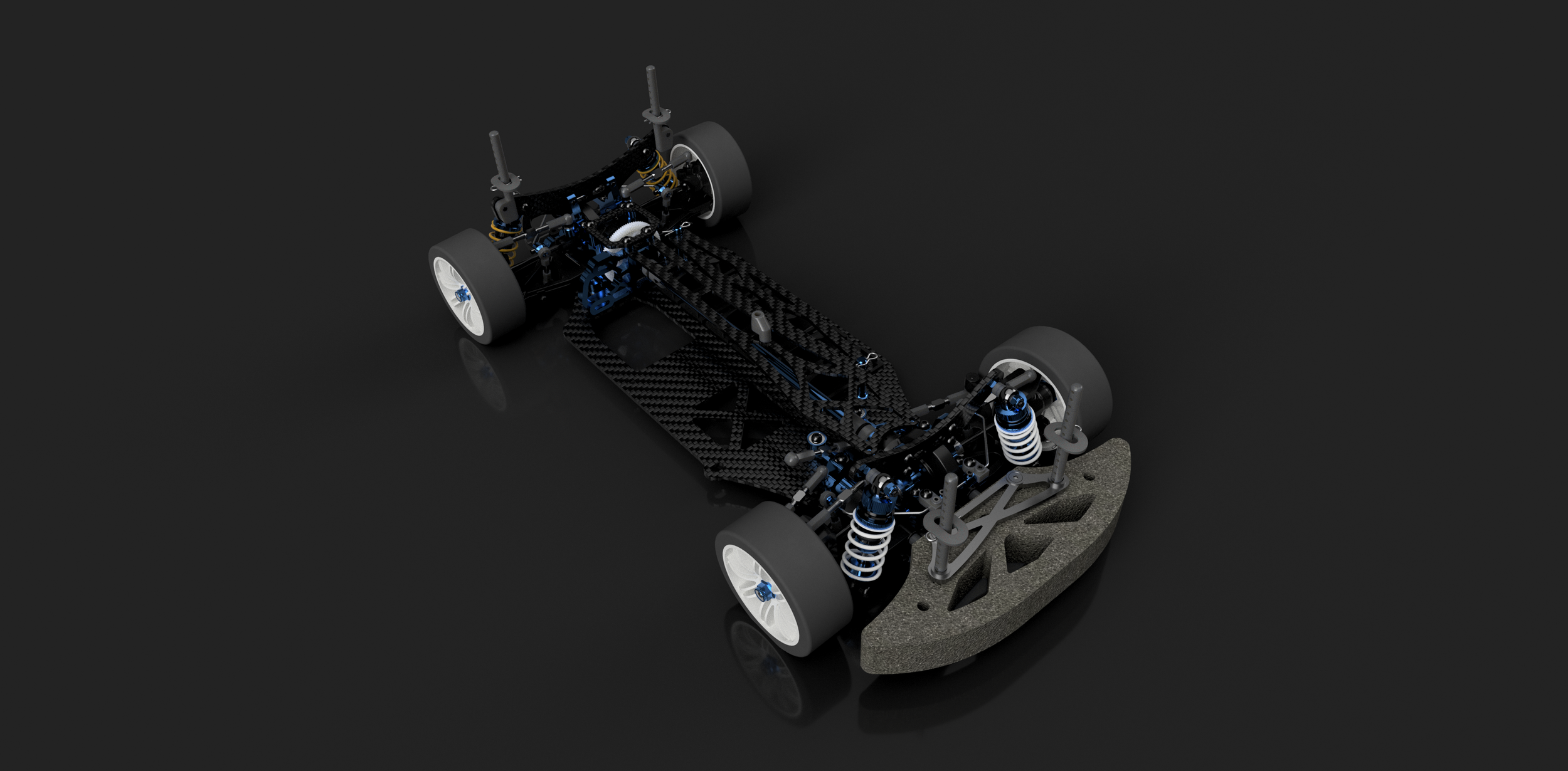Overhead front three-quarter CAD render of RC car.