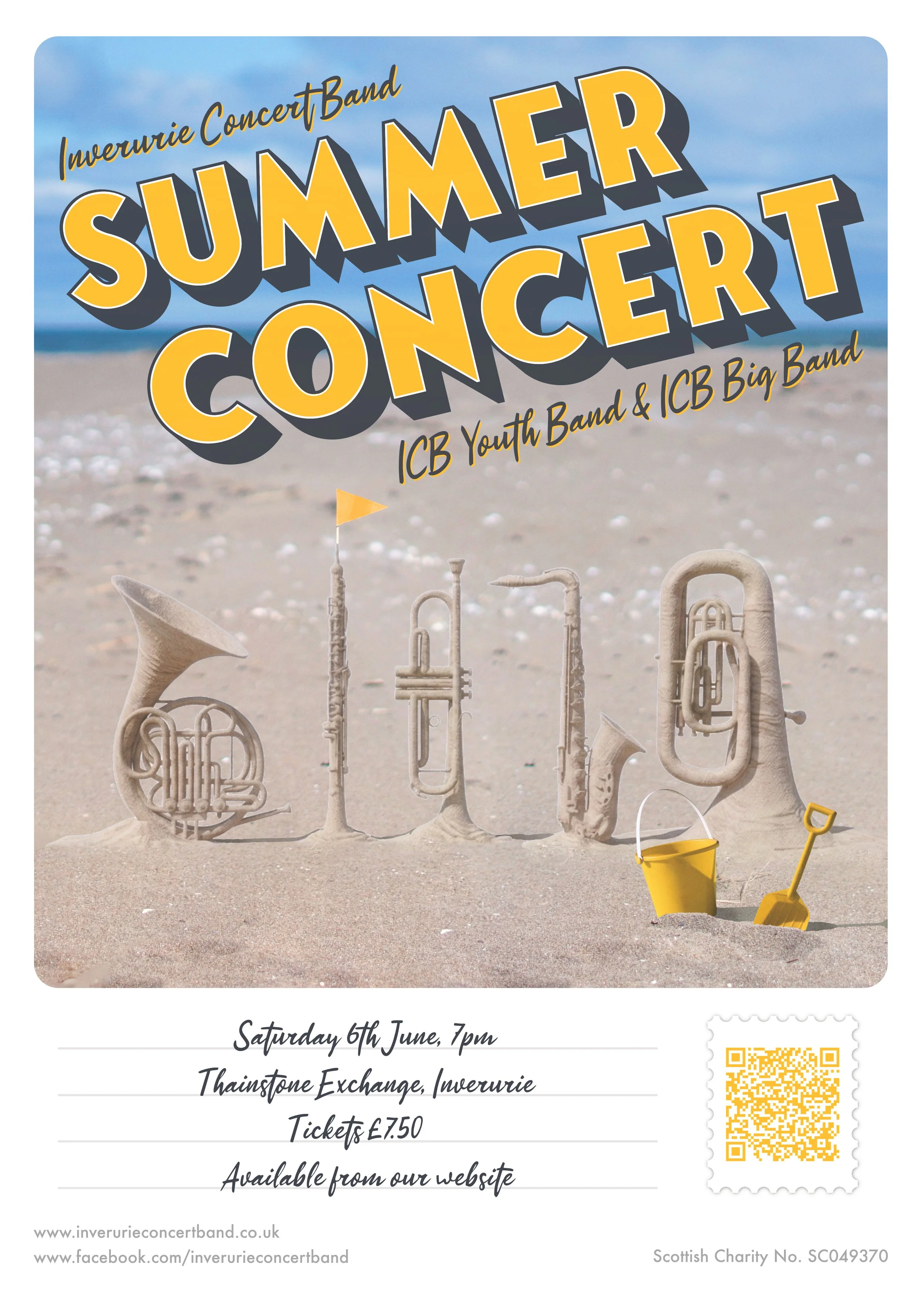 Poster for Inverurie Concert Band's summer concert, with brass instruments styled to look like sandcastles.