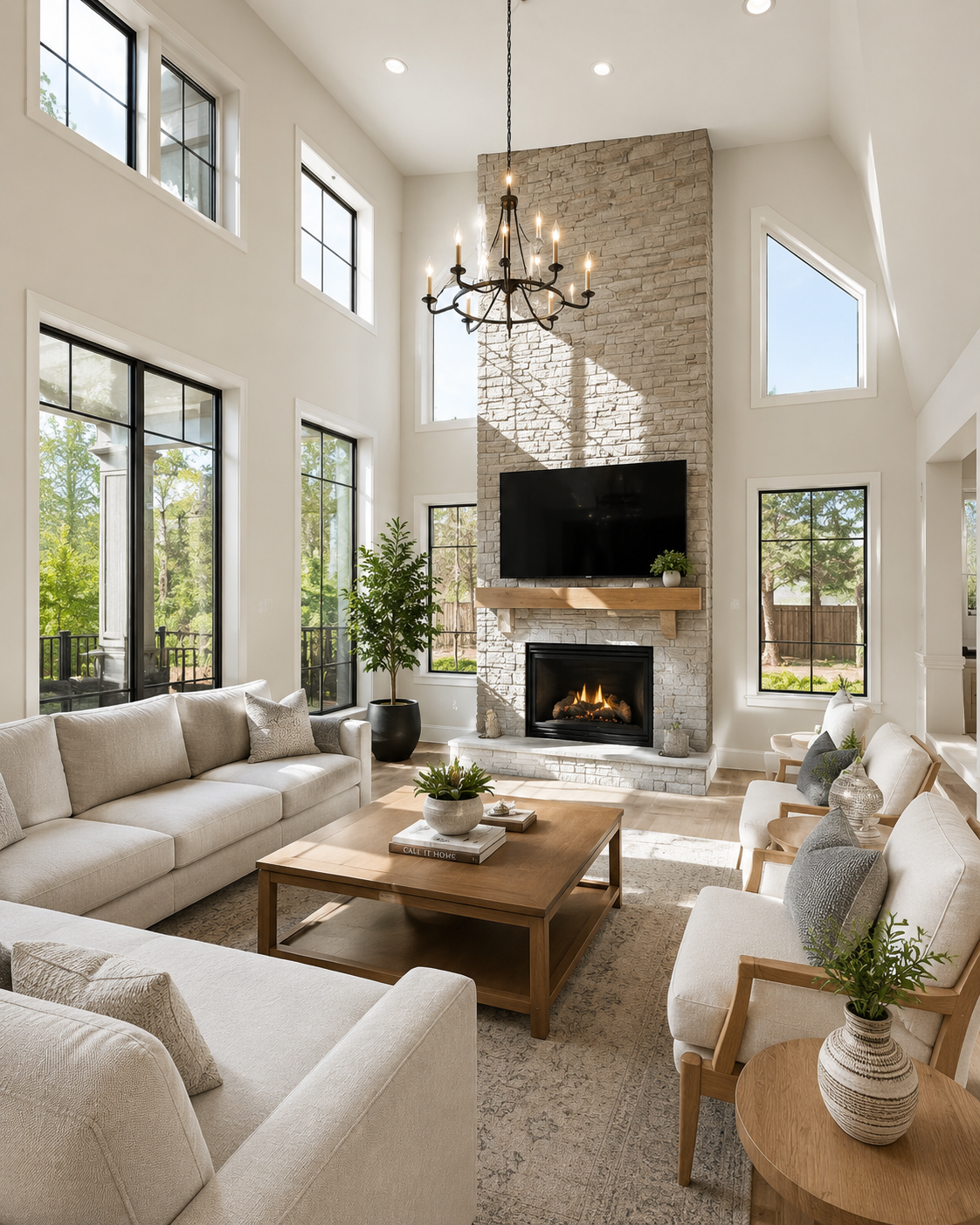 Bright living room with large windows, white walls, a fireplace with a wooden mantel, a flat-screen TV, beige sofas, and a chandelier.