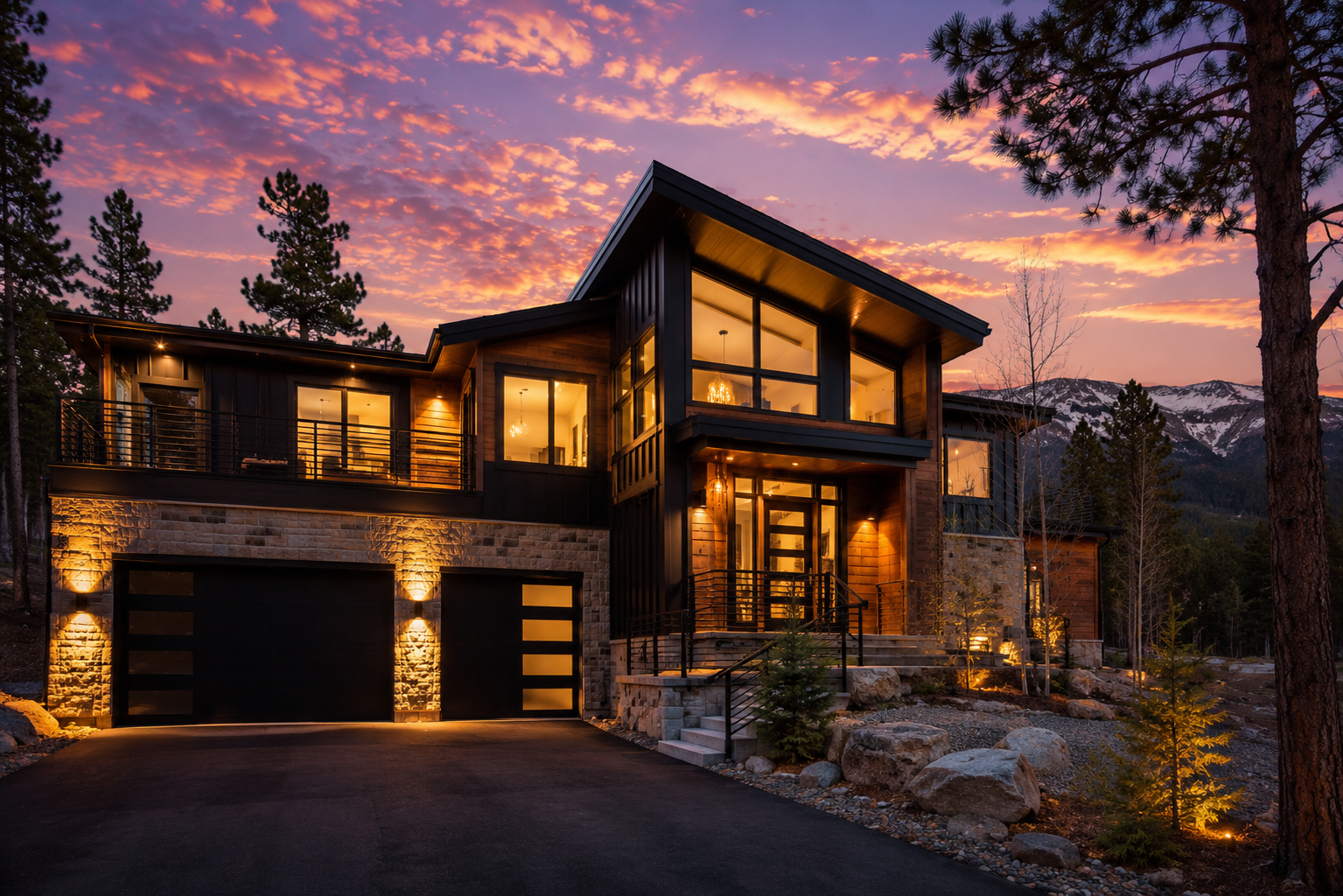 Modern mountain house with large glass windows illuminated at dusk, surrounded by trees and mountains.
