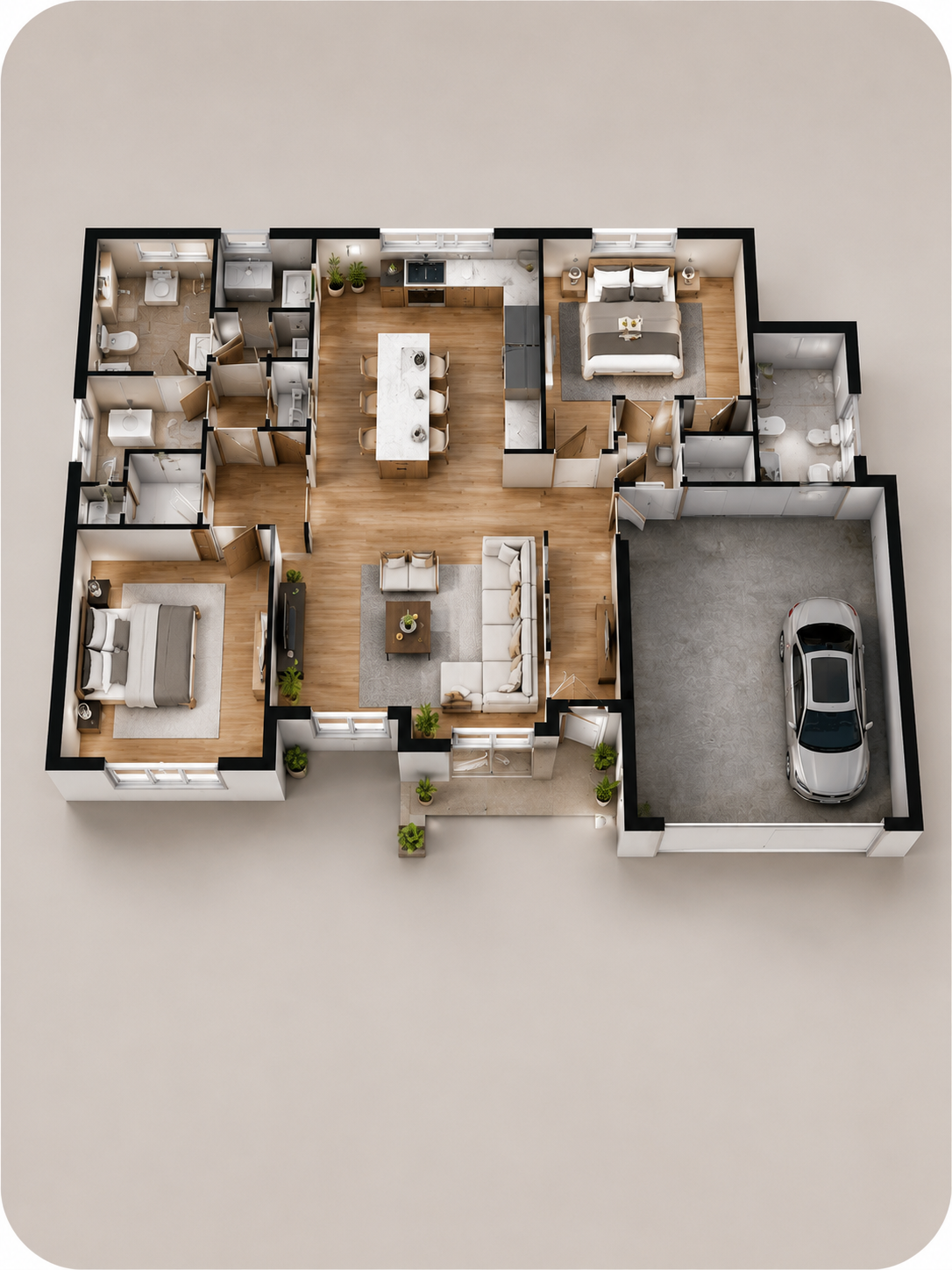 Floor plan of a single-story house with a garage, living room, kitchen, two bedrooms, two bathrooms, and outdoor entryway.