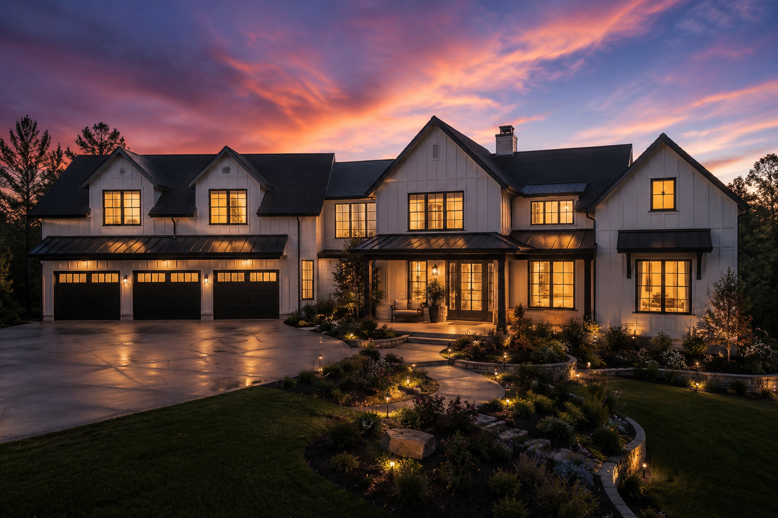 A large modern house at sunset, with lit interior lights, a landscaped front yard, and a concrete driveway.