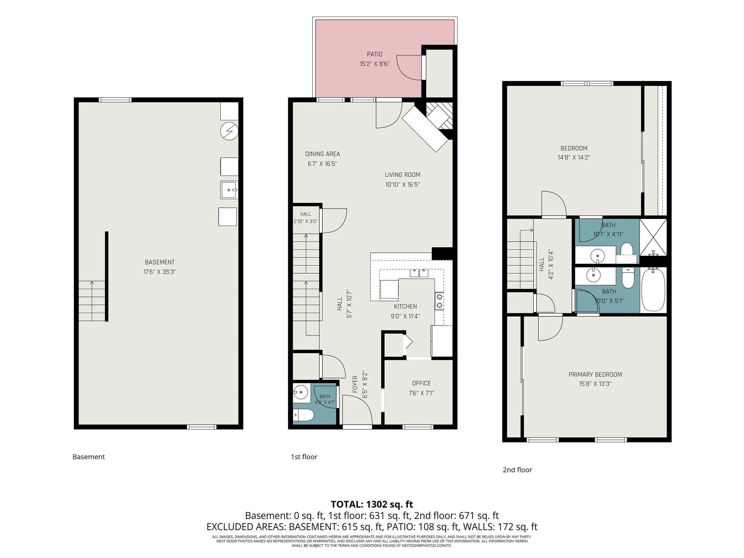 Floor plan of a house showing basement, first floor, and second floor layouts with rooms, dimensions, and features.