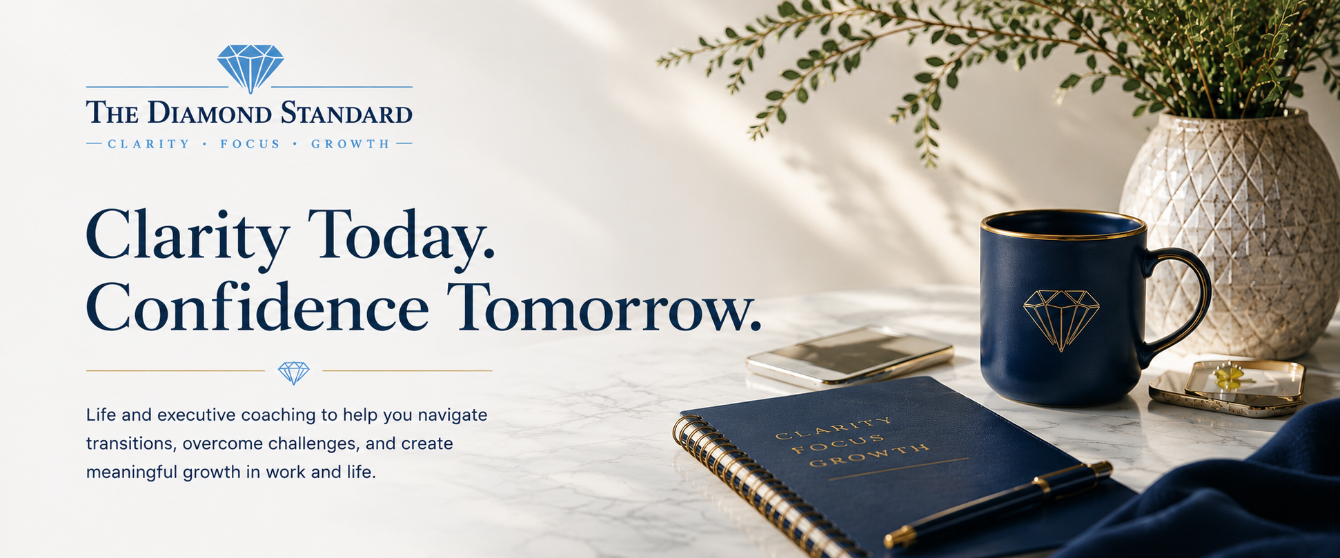 Marketing banner with the title 'Clarity Today. Confidence Tomorrow.' featuring a blue coffee mug with a diamond logo, a notebook labeled 'Clarity Focus Growth', a smartphone, a small dish with jewelry, and a potted plant on a marble surface.