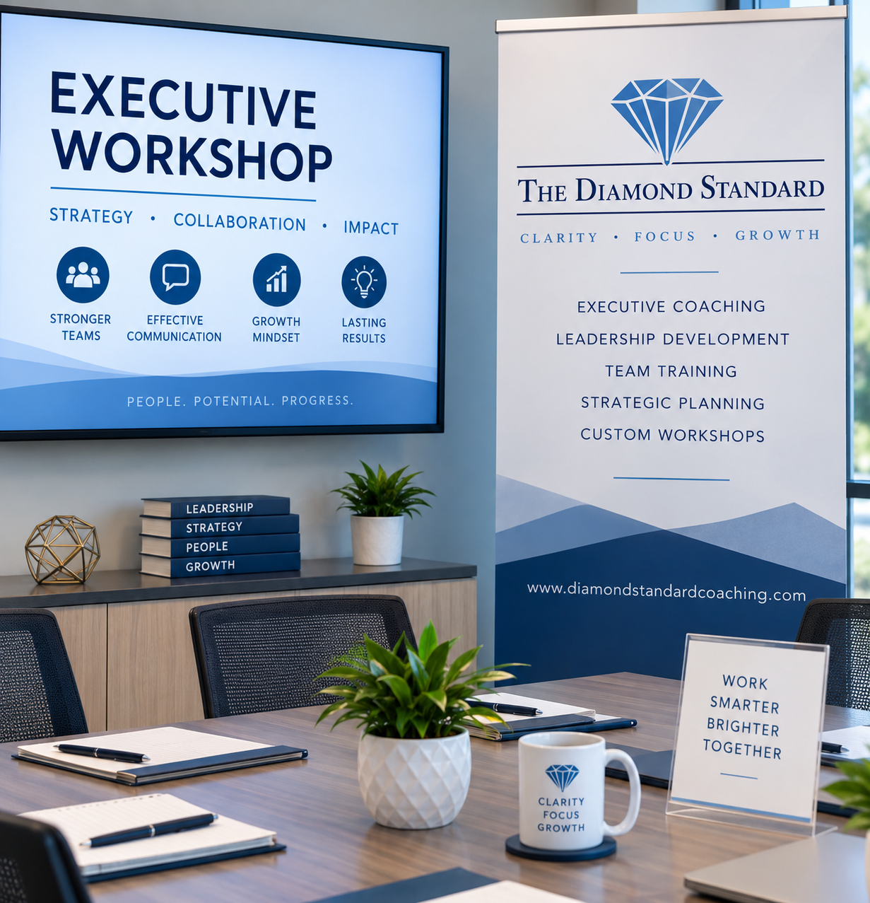 Meeting room with a large monitor displaying information about an executive workshop, including main themes of strategy, collaboration, and impact, with icons for stronger teams, effective communication, growth mindset, and lasting results. A banner for The Diamond Standard coaching firm stands beside it, listing services like coaching and leadership development. The table has notebooks, pens, plants, a coffee mug branded with the firm's logo, and a sign with the words "Work Smarter Brighter Together."
