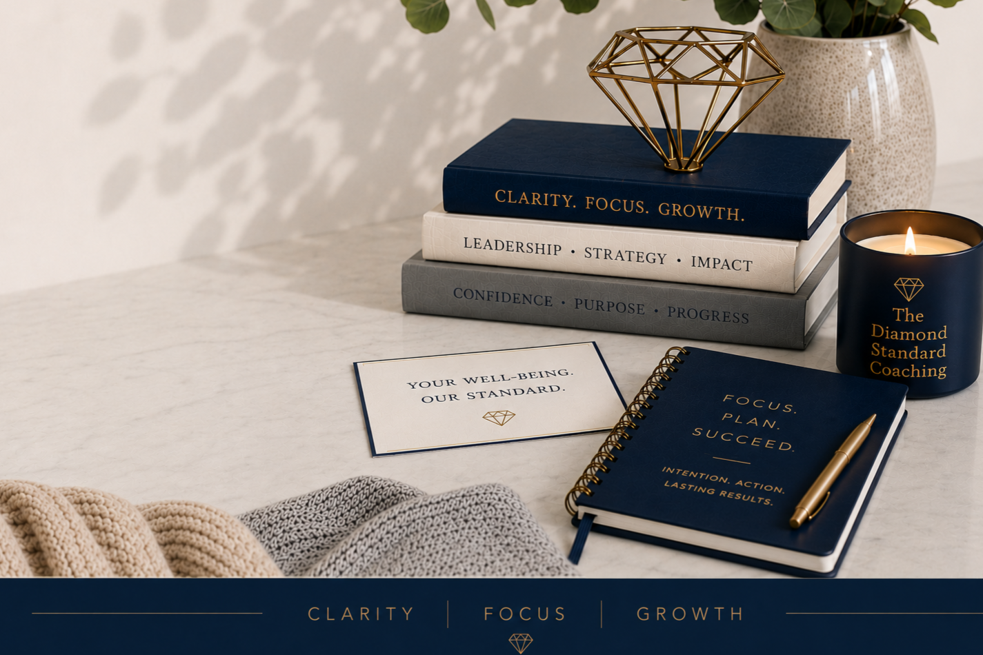 A neatly arranged desk with three stacked books titled 'Clarity. Focus. Growth.', 'Leadership. Strategy. Impact.', and 'Confidence. Purpose. Progress.' A gold geometric diamond sculpture is on top of the books. To the right, a candle in a dark blue holder labeled 'The Diamond Standard Coaching' is lit. In front, there's a white card with the message, 'Your well-being. Our standard.' A dark blue notebook with gold lettering that reads 'Focus. Plan. Succeed.' and a gold pen are placed beside it. A potted plant is in the background, and a cozy blanket is partially visible in the foreground.