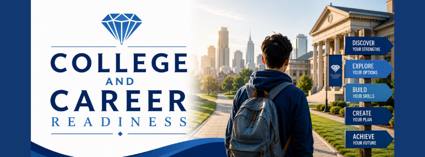 A person with a backpack walking towards a university campus with tall buildings, promoting college and career readiness, with options to discover strengths, explore options, build skills, create a plan, and achieve future.