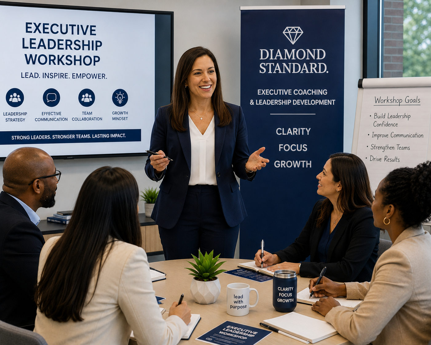 Businesswoman giving a presentation on executive leadership workshop to a diverse group of professionals seated around a conference table, with informational posters and a whiteboard in the background.