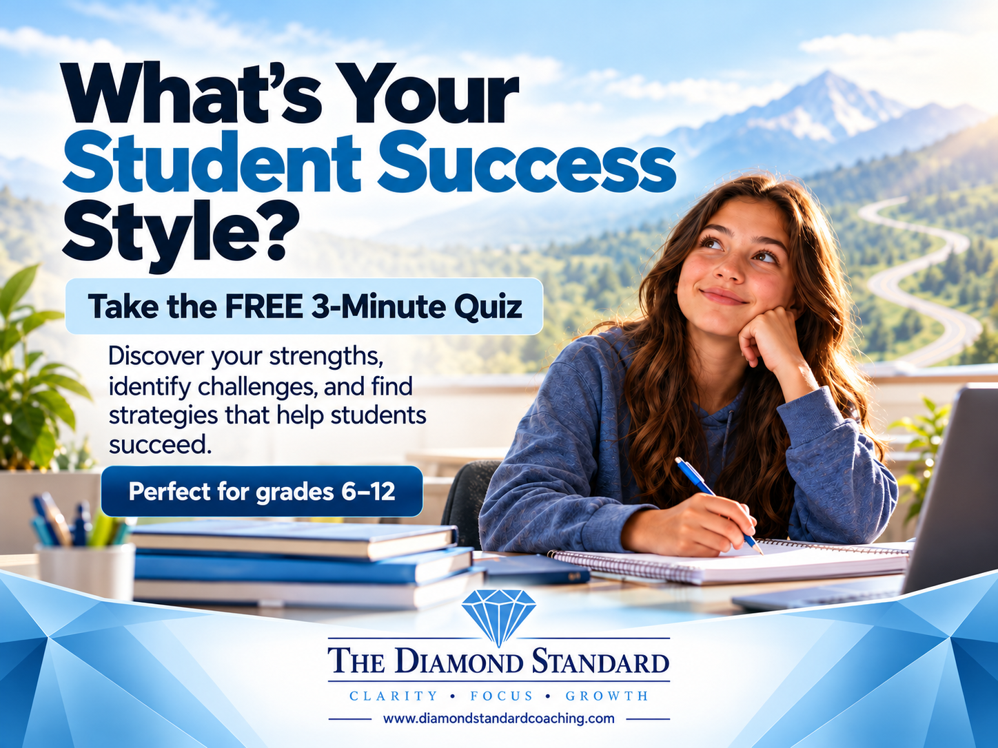 An advertisement for a quiz titled 'What's Your Student Success Style?' with a picture of a girl with long hair, smiling and thinking, sitting at a desk with books and a laptop, and a scenic mountain view in the background.