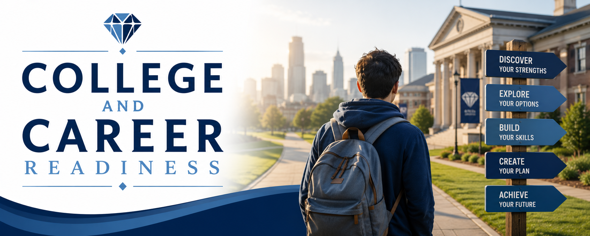 A young man with a backpack standing on a college campus, looking at a signpost with options to discover strengths, explore options, build skills, create plans, and achieve future, with city skyline in the background.
