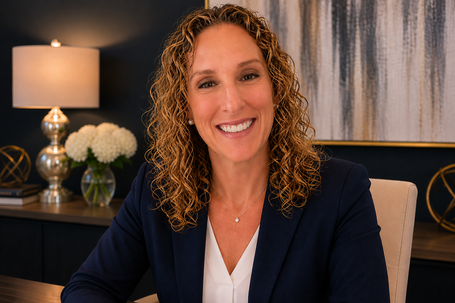 A smiling woman with curly blonde hair in a navy blazer and white blouse, sitting at a desk with a dark background and contemporary decor, including a table lamp, white flowers in a vase, and abstract wall art.