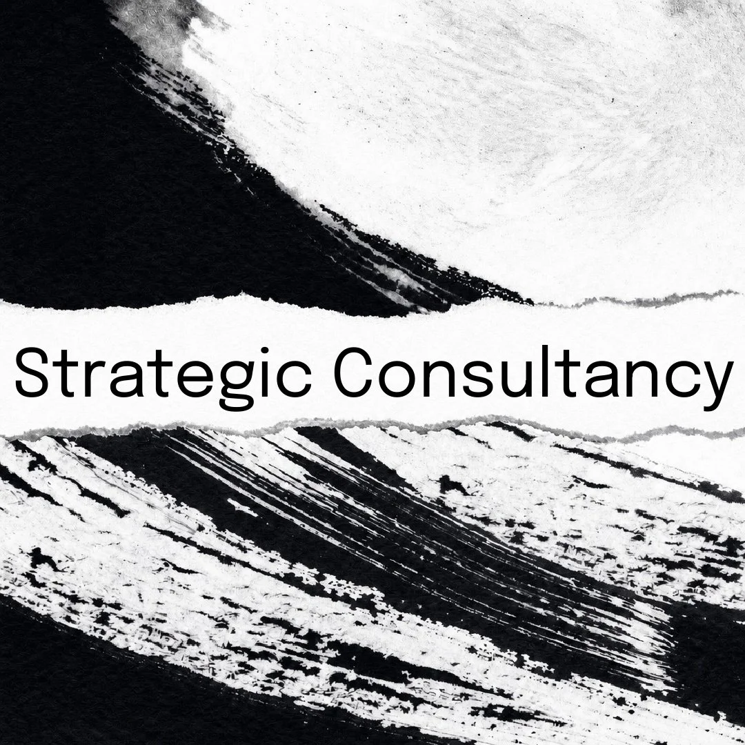Black and white abstract background with bold text reading 'Strategic Consultancy'.