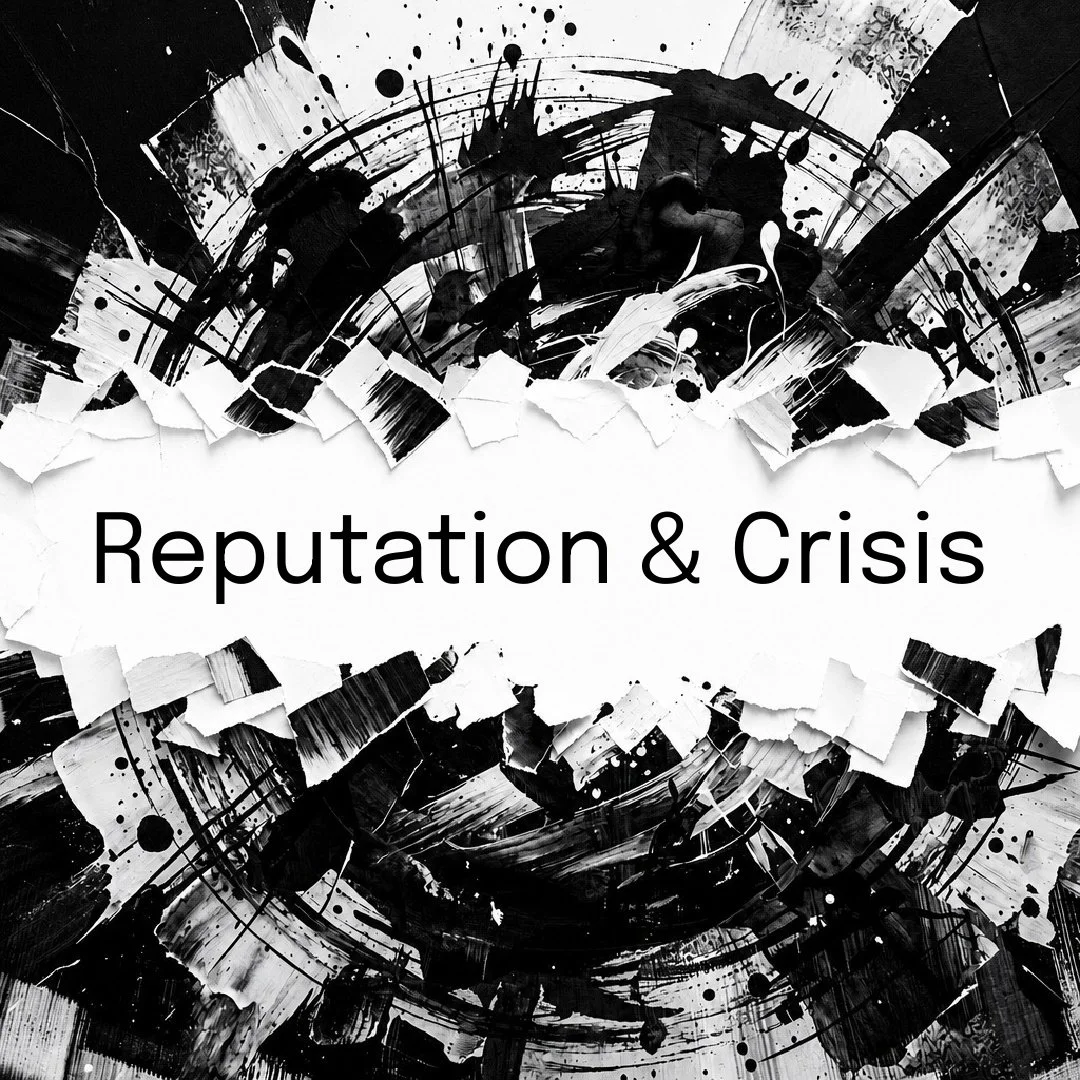 Abstract black and white splashes and torn paper design with the words "Reputation & Crisis" in the center.
