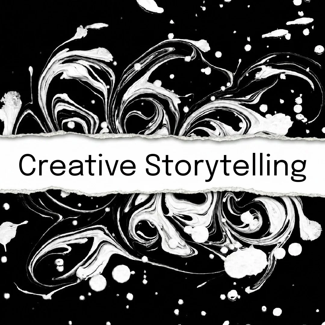 Black background with white paint swirls and splatters, and the words "Creative Storytelling" written across the middle in bold black font on torn paper design.