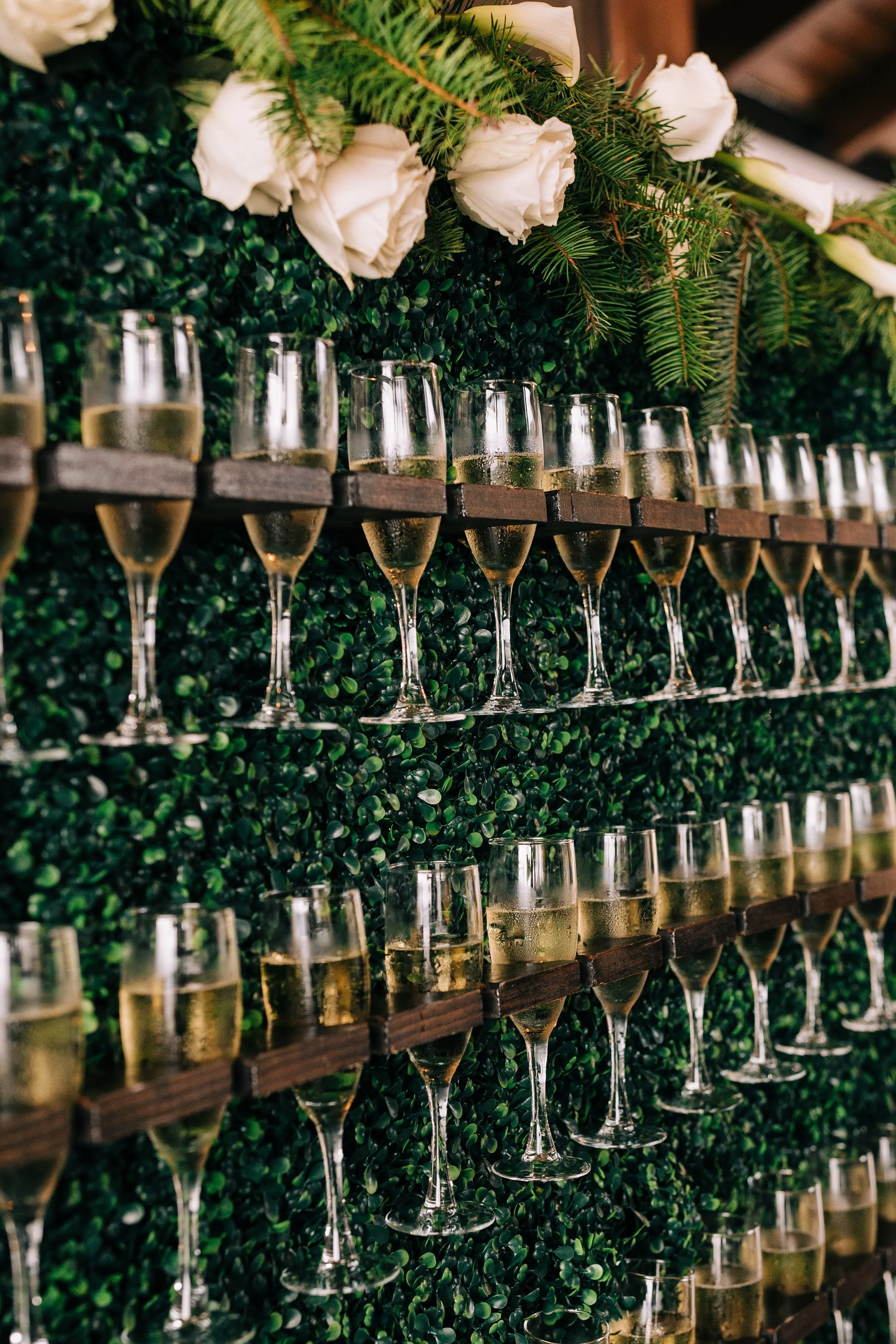 Greenery champagne wall with flutes filled with champagne