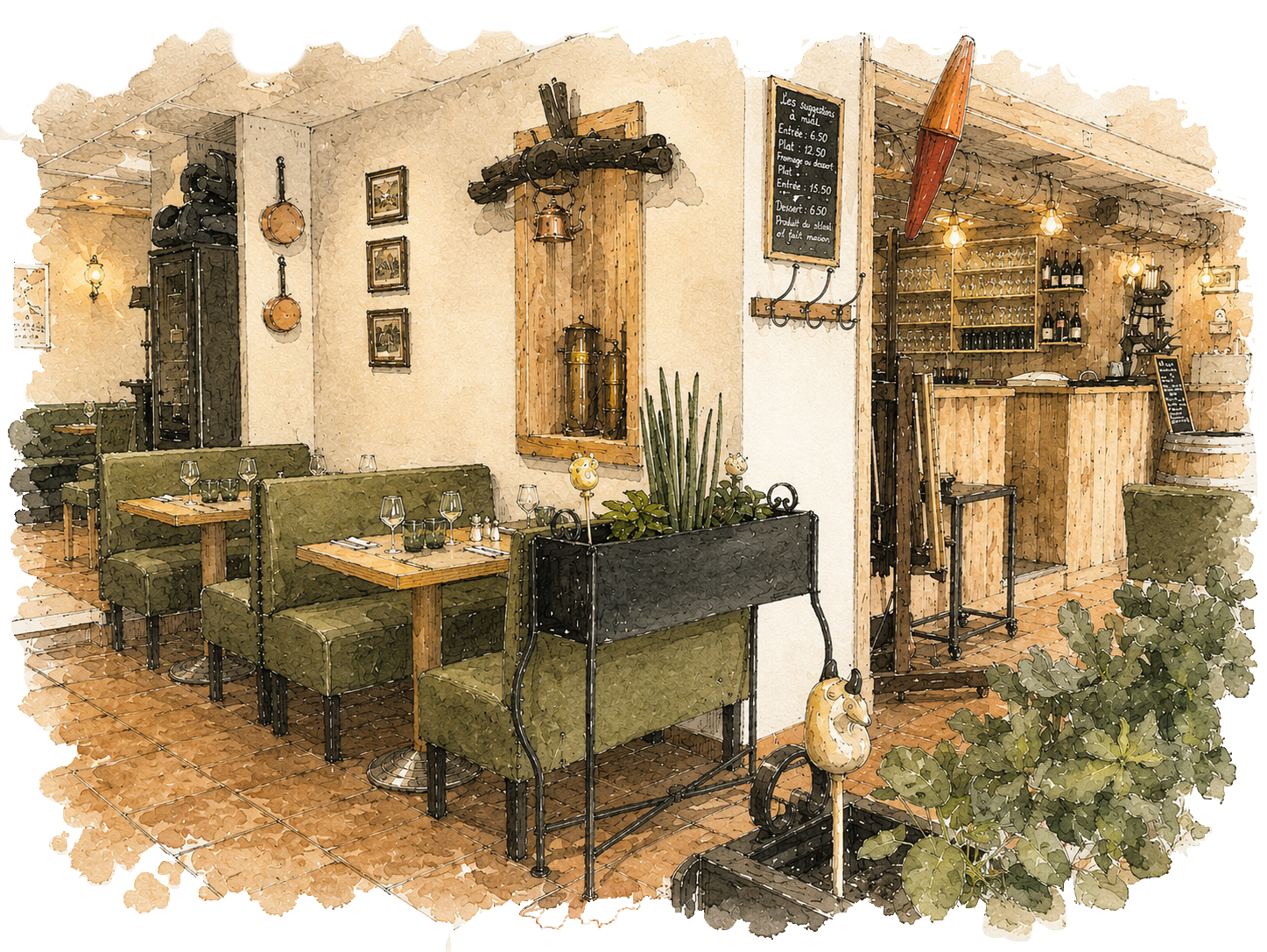 Un intérieur de restaurant avec des tables en bois, des banquettes vertes, un comptoir en bois, et décoration rustique comprenant des cadres, des pots en cuivre et des plantes.