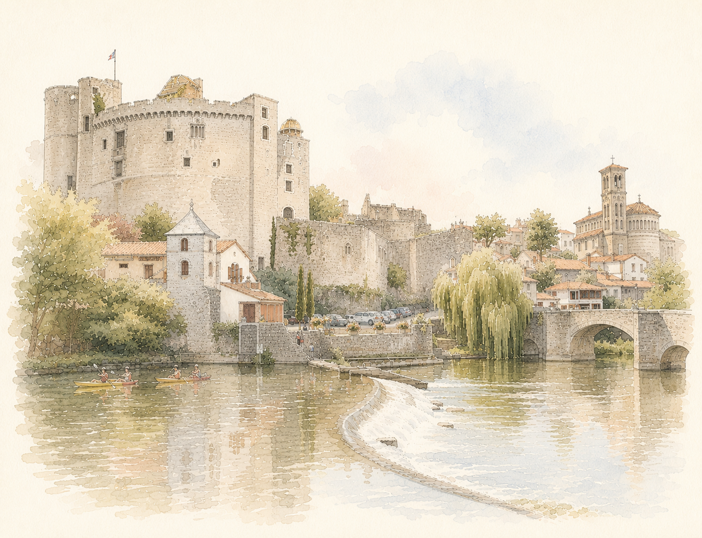 Une peinture aquarelle d'un château médiéval sur une colline, avec une rivière en premier plan où trois personnes pagaient en bateau, et un petit pont à droite, entouré d'arbres et de bâtiments anciens.