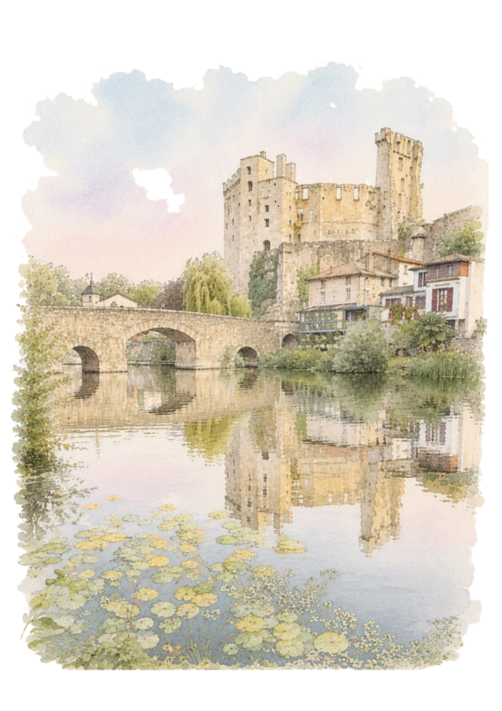Un château médiéval avec un pont en pierre en arc, reflété dans une rivière bordée de nénuphars, sous un ciel nuageux, et des maisons anciennes à proximité.