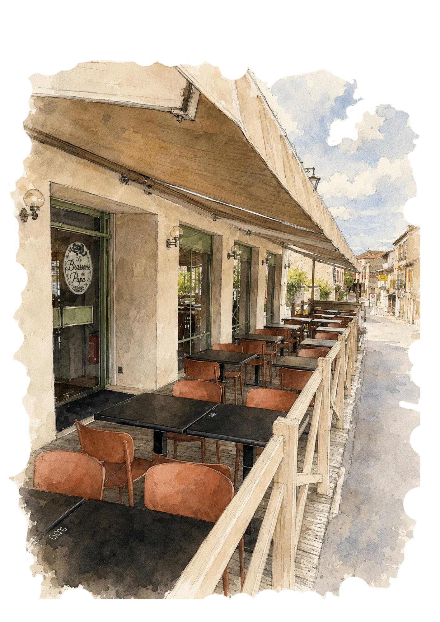 Terrasse d'un café ou restaurant en plein air avec des tables et des chaises en bois, un bâtiment avec des fenêtres vertes et une enseigne indiquant 'Le Brasserie de Papa', une allée piétonne et des bâtiments de style européen sous un ciel partiellement nuageux.