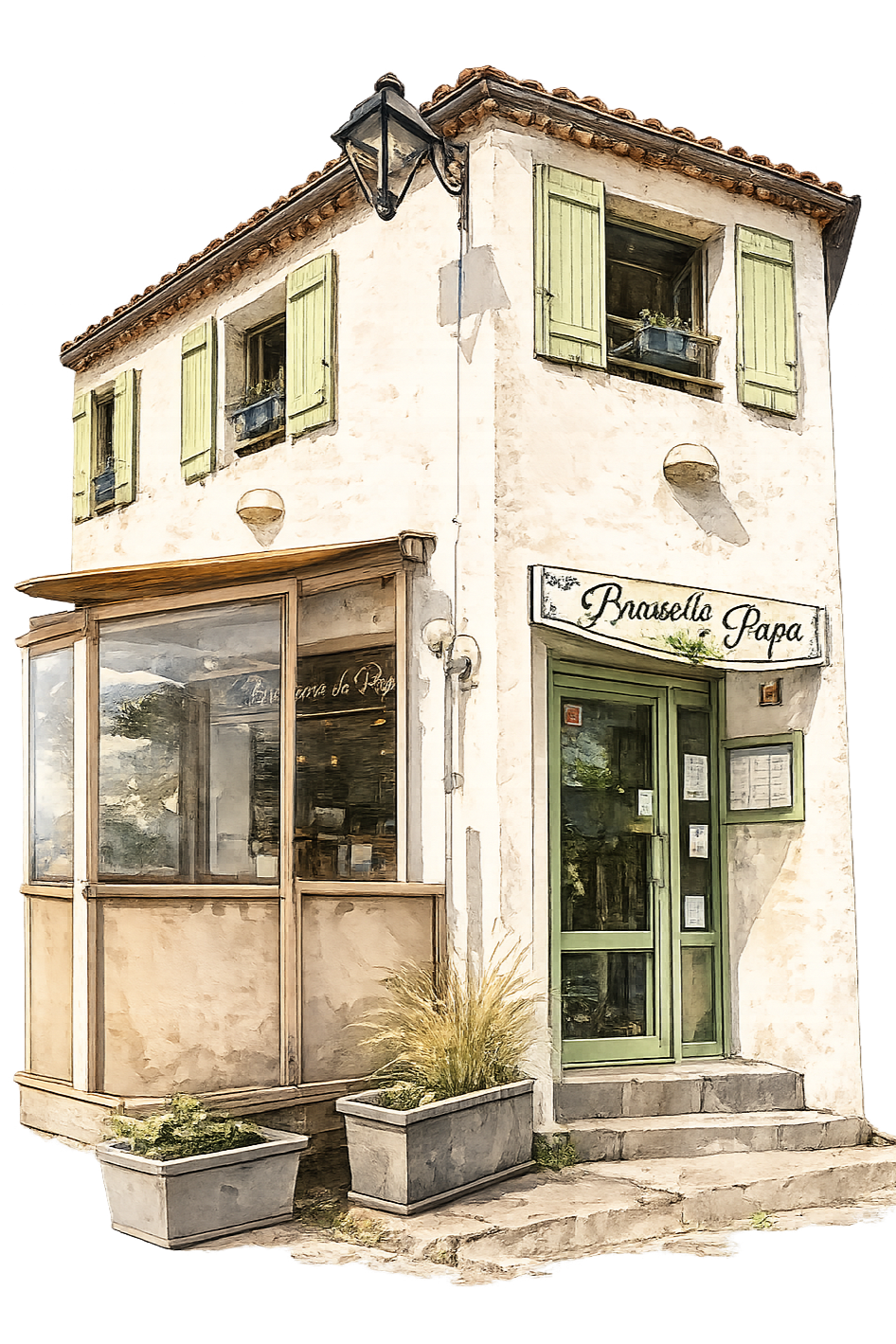 Façade d'un restaurant appelé 'Brasserie de Papa' avec une porte en verre verte, deux fenêtres à volets verts, un panneau de menu, et un mur blanc avec des plantes en pot.