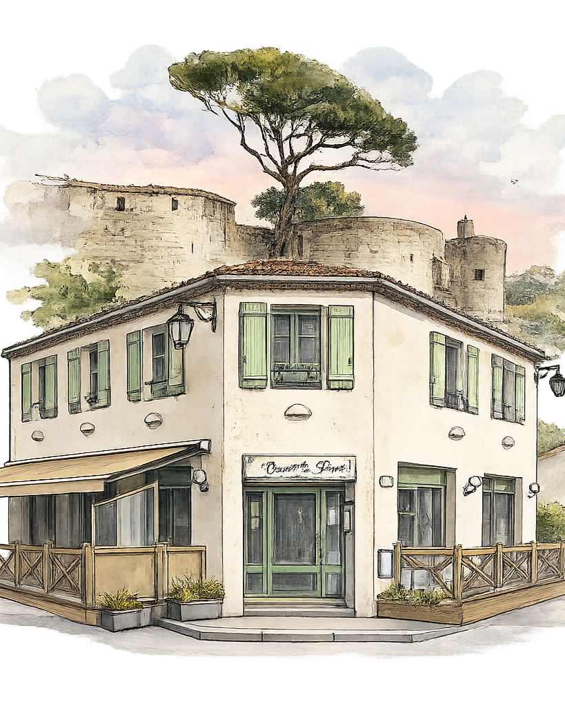 Une maison à deux étages avec des fenêtres à volets verts, une porte d'entrée centrale, entourée d'une clôture en bois, et un grand arbre au sommet d'une colline avec des remparts historiques en arrière-plan.