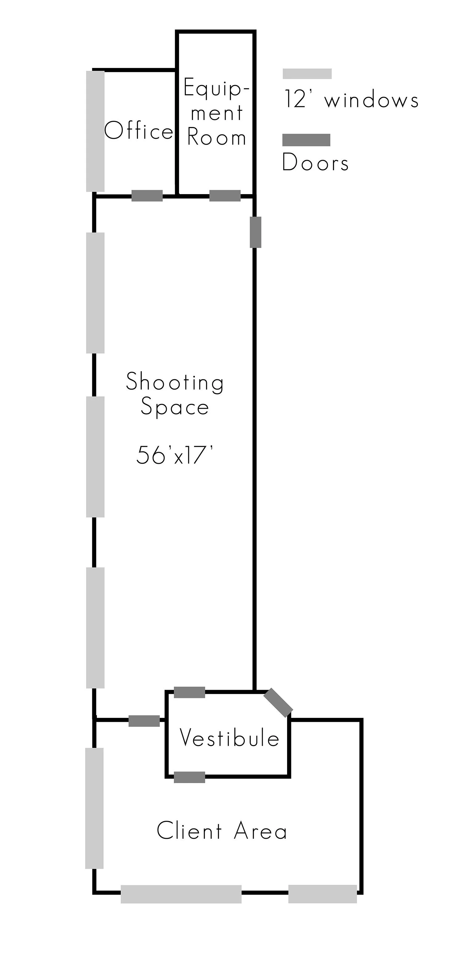 A floor plan of a building showing labeled rooms and features, including an office, equipment room, shooting space, vestibule, and client area, with details about window and door placement.