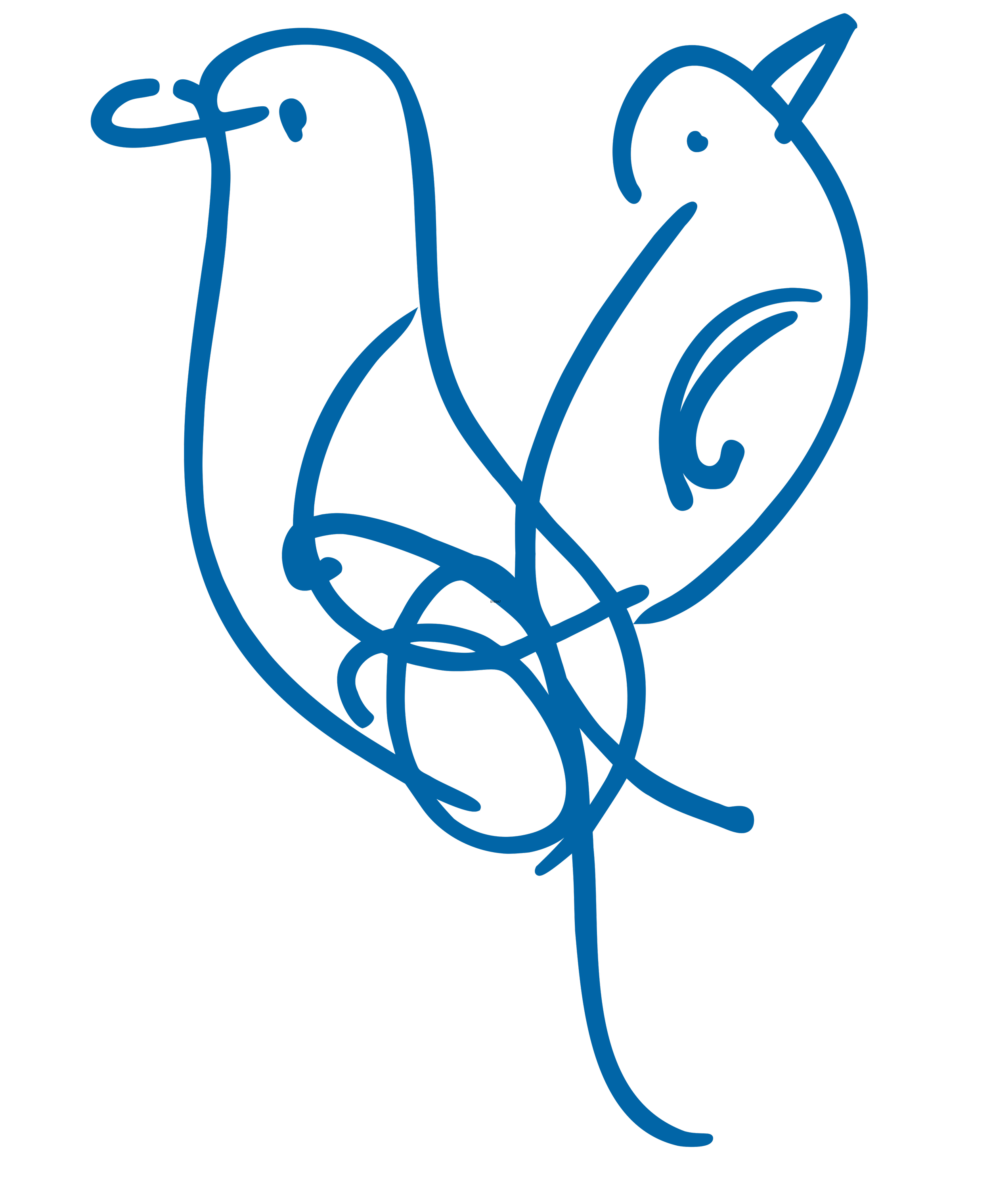 Blue line drawing of a rose flower with a long stem and large petals.