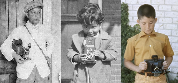Three boys holding cameras indoors and outdoors, from different time periods.