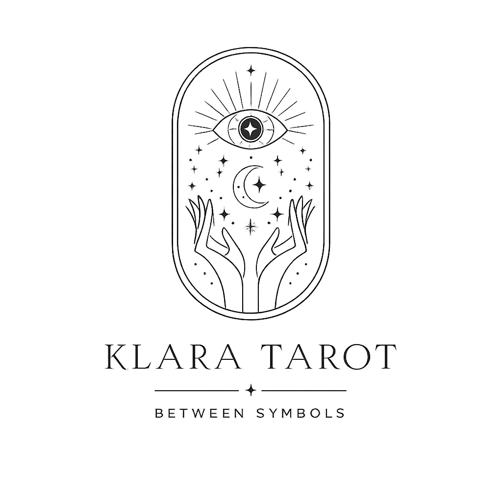 A logo for Klara Tarot featuring an eye, moon, stars, and hands, with the text "Klara Tarot" and "Between Symbols".