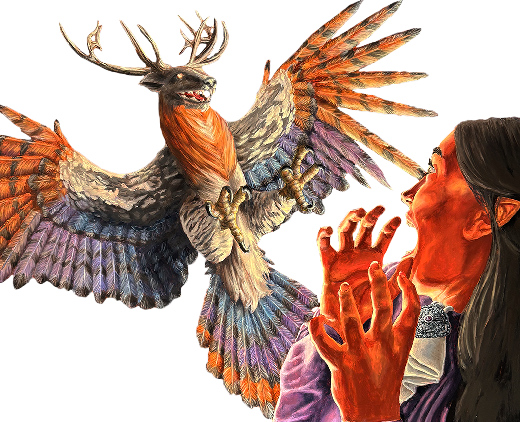 Peryton attacking a half-elf.