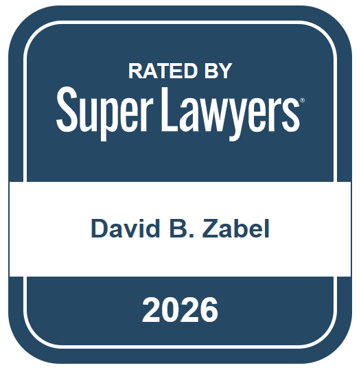 A badge that reads "Rated by Super Lawyers," with the name "David B. Zabel" and the year "2026."