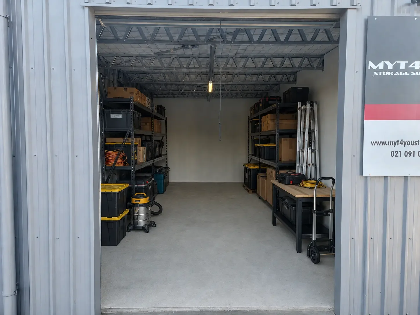 Contractor tools and equipment organised inside a business storage unit at Myt4you Storage Ravenswood