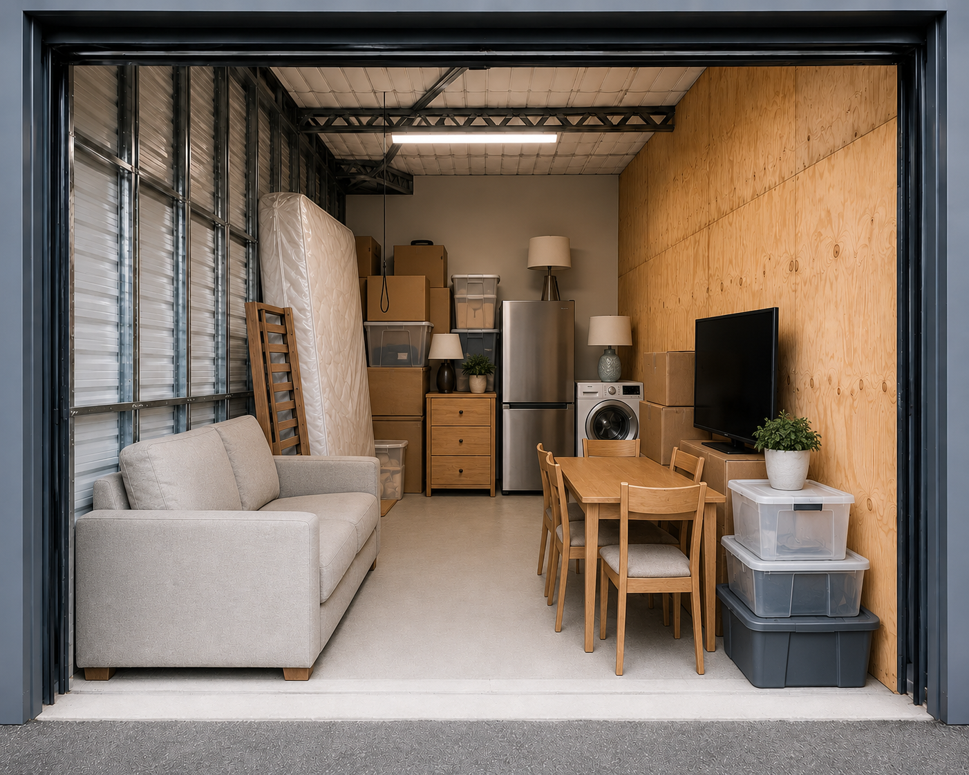 Furniture, appliances and boxes from a 1–2 bedroom home inside a household storage unit in Ravenswood