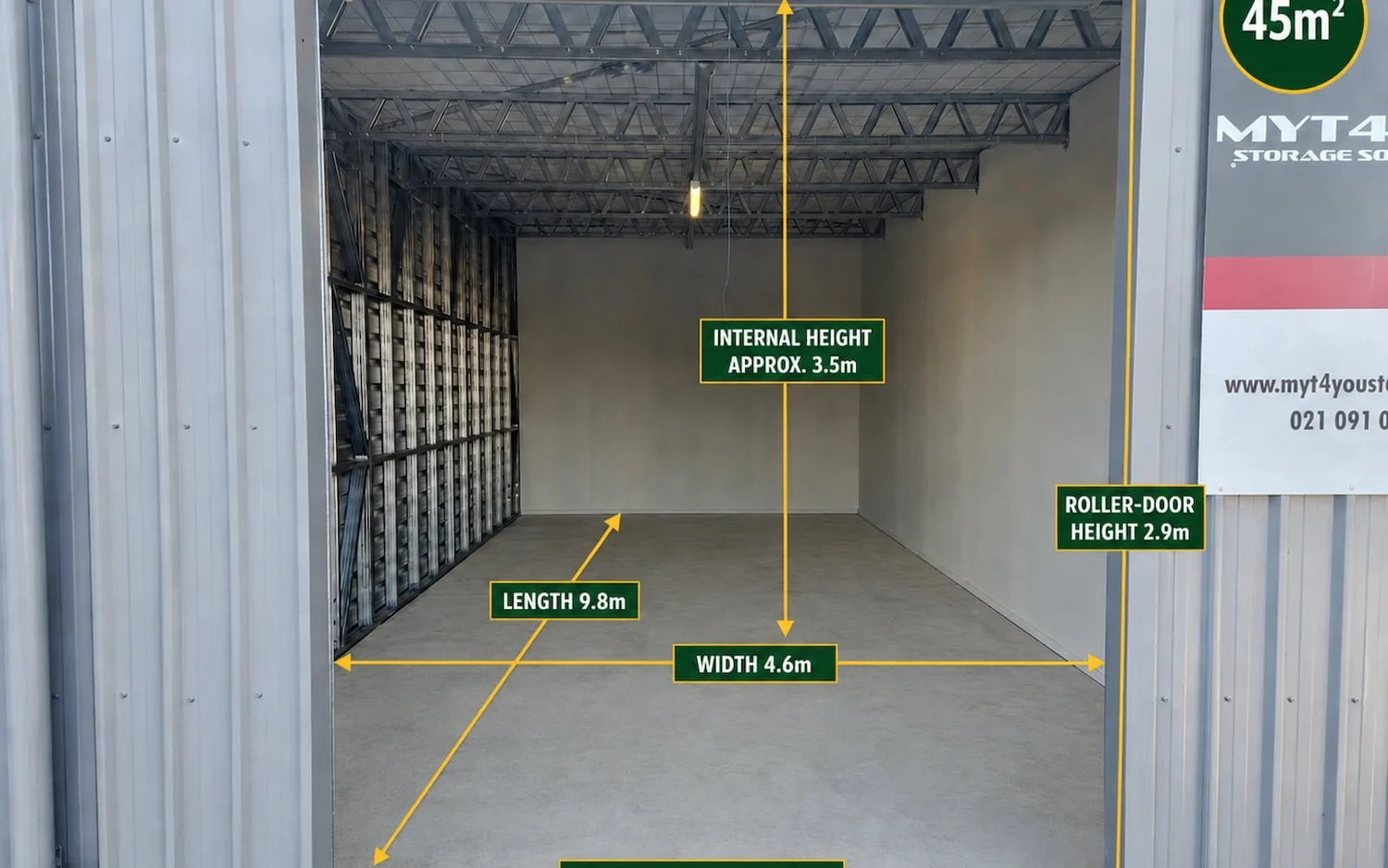 45 m² extra extra large storage unit measuring 4.6 metres wide by 9.8 metres long at Myt4you Storage Ravenswood.